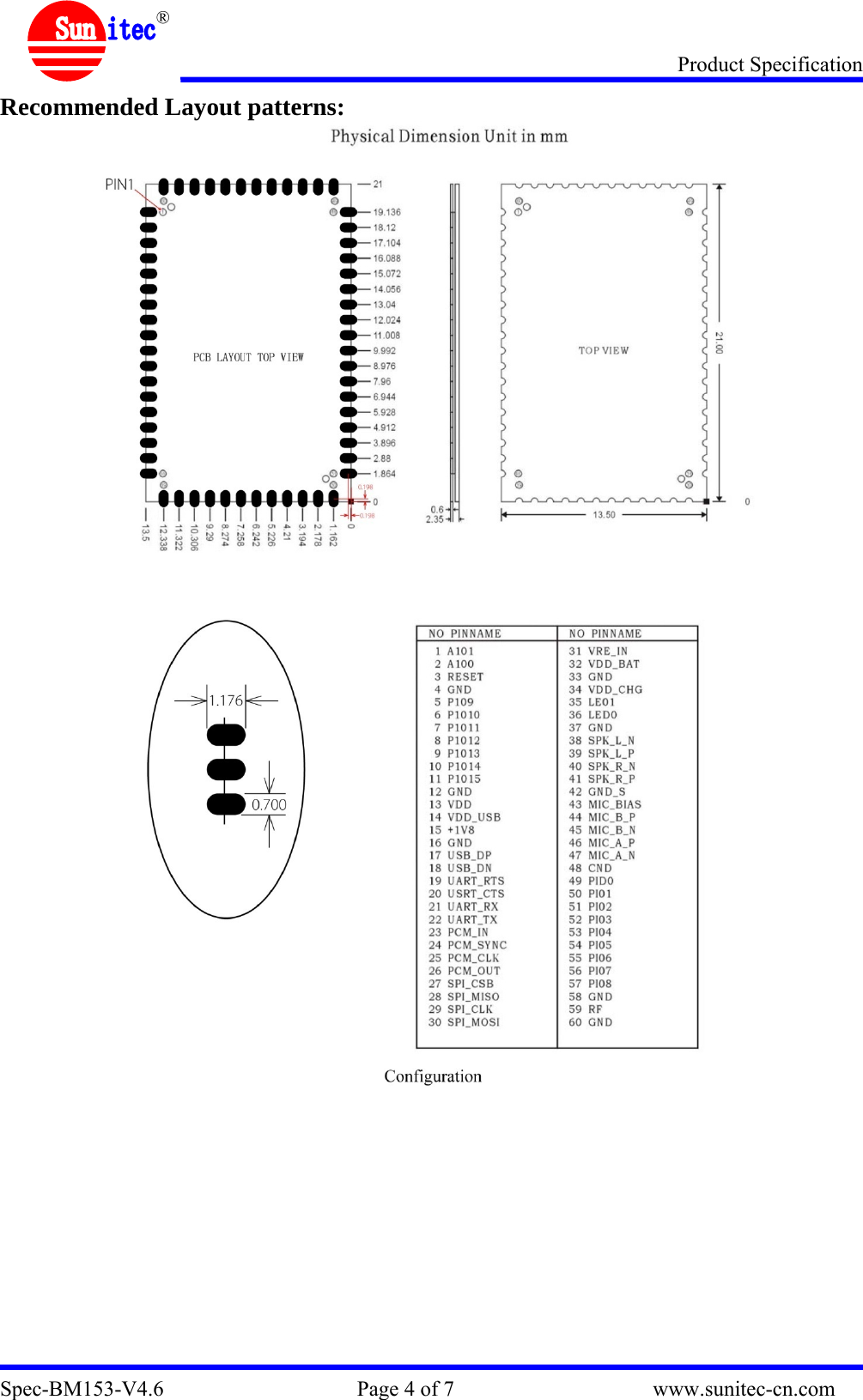 Product Specification Spec-BM153-V4.6                                    Page 4 of 7                                     www.sunitec-cn.com  ® Recommended Layout patterns:     