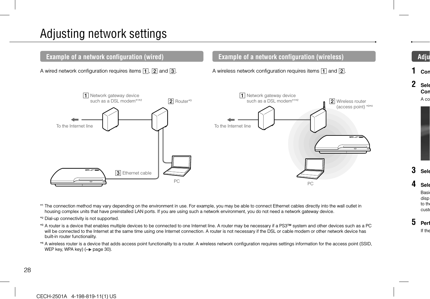 28CECH-2501A   4-198-819-11(1) USAdjusting network settingsExample of a network configuration (wired)A wired network configuration requires items ,  and .Example of a network configuration (wireless)A wireless network configuration requires items  and .*1 The connection method may vary depending on the environment in use. For example, you may be able to connect Ethernet cables directly into the wall outlet in housing complex units that have preinstalled LAN ports. If you are using such a network environment, you do not need a network gateway device. *2 Dial-up connectivity is not supported.*3 A router is a device that enables multiple devices to be connected to one Internet line. A router may be necessary if a PS3™ system and other devices such as a PC will be connected to the Internet at the same time using one Internet connection. A router is not necessary if the DSL or cable modem or other network device has built-in router functionality.*4 A wireless router is a device that adds access point functionality to a router. A wireless network configuration requires settings information for the access point (SSID, WEP key, WPA key) (  page 30).To the Internet line  Network gateway device such as a DSL modem*1*2  Wireless router (access point) *3*4PCTo the Internet line  Network gateway device such as a DSL modem*1*2 Router*3PC Ethernet cableAdju1  Con2  SeleConA co3  Sele4  SeleBasicdispto thecusto5  PerfIf the