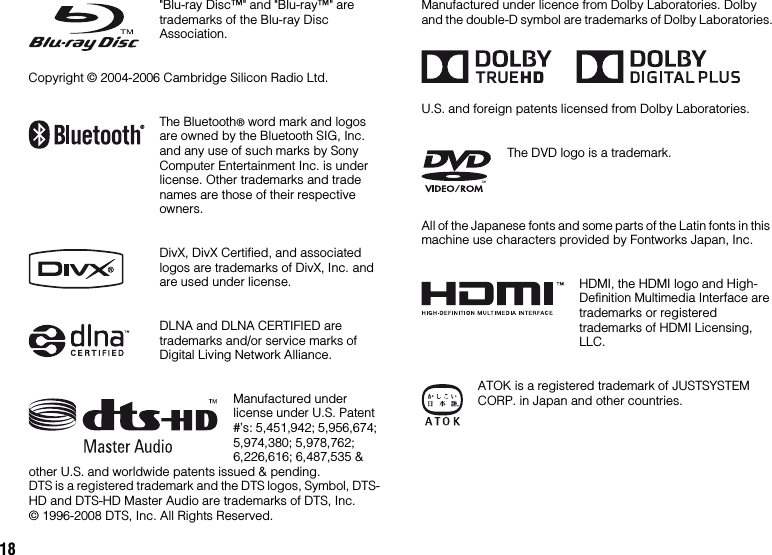 18&quot;Blu-ray Disc™&quot; and &quot;Blu-ray™&quot; are trademarks of the Blu-ray Disc Association.Copyright © 2004-2006 Cambridge Silicon Radio Ltd.The Bluetooth® word mark and logos are owned by the Bluetooth SIG, Inc. and any use of such marks by Sony Computer Entertainment Inc. is under license. Other trademarks and trade names are those of their respective owners.DivX, DivX Certified, and associated logos are trademarks of DivX, Inc. and are used under license.DLNA and DLNA CERTIFIED are trademarks and/or service marks of Digital Living Network Alliance.Manufactured under license under U.S. Patent #’s: 5,451,942; 5,956,674; 5,974,380; 5,978,762; 6,226,616; 6,487,535 &amp; other U.S. and worldwide patents issued &amp; pending.DTS is a registered trademark and the DTS logos, Symbol, DTS-HD and DTS-HD Master Audio are trademarks of DTS, Inc.© 1996-2008 DTS, Inc. All Rights Reserved.Manufactured under licence from Dolby Laboratories. Dolby and the double-D symbol are trademarks of Dolby Laboratories.U.S. and foreign patents licensed from Dolby Laboratories.The DVD logo is a trademark.All of the Japanese fonts and some parts of the Latin fonts in this machine use characters provided by Fontworks Japan, Inc.HDMI, the HDMI logo and High-Definition Multimedia Interface are trademarks or registered trademarks of HDMI Licensing, LLC.ATOK is a registered trademark of JUSTSYSTEM CORP. in Japan and other countries.