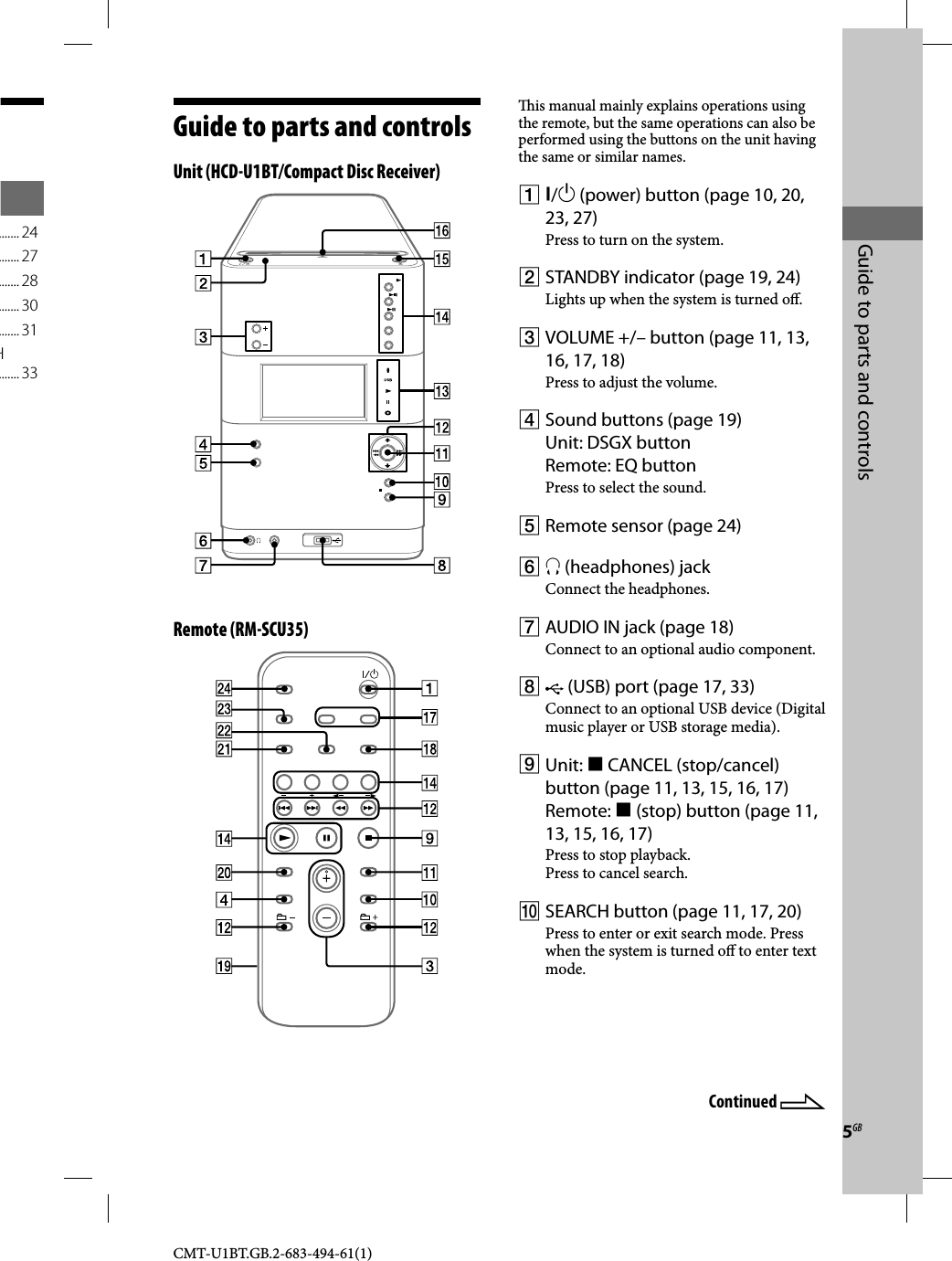 5GBGuide to parts and controlsCMT-U1BT.GB.2-683-494-61(1)  is manual mainly explains operations using the remote, but the same operations can also be performed using the buttons on the unit having the same or similar names. / (power) button (page 10, 20, 23, 27)Press to turn on the system. STANDBY indicator (page 19, 24)Lights up when the system is turned o . VOLUME +/– button (page 11, 13, 16, 17, 18)Press to adjust the volume. Sound buttons (page 19)Unit: DSGX buttonRemote: EQ buttonPress to select the sound. Remote sensor (page 24)  (headphones) jackConnect the headphones. AUDIO IN jack (page 18)Connect to an optional audio component.  (USB) port (page 17, 33)Connect to an optional USB device (Digital music player or USB storage media). Unit:  CANCEL (stop/cancel) button (page 11, 13, 15, 16, 17)Remote:  (stop) button (page 11, 13, 15, 16, 17)Press to stop playback. Press to cancel search. SEARCH button (page 11, 17, 20)Press to enter or exit search mode. Press when the system is turned o  to enter text mode.Guide to parts and controlsUnit (HCD-U1BT/Compact Disc Receiver)Remote (RM-SCU35)Continued ....... 24....... 27....... 28....... 30....... 31H ....... 33