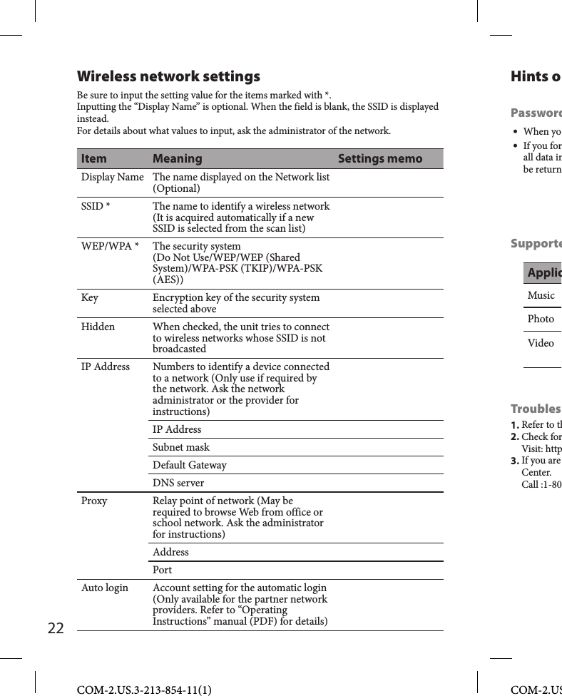 22COM-2.US.3-213-854-11(1) COM-2.USWireless network settingsBe sure to input the setting value for the items marked with *.Inputting the “Display Name” is optional. When the field is blank, the SSID is displayed instead.For details about what values to input, ask the administrator of the network.Item Meaning Settings memoDisplay Name The name displayed on the Network list (Optional)SSID * The name to identify a wireless network (It is acquired automatically if a new SSID is selected from the scan list)WEP/WPA * The security system(Do Not Use/WEP/WEP (Shared System)/WPA-PSK (TKIP)/WPA-PSK (AES))Key Encryption key of the security system selected aboveHidden When checked, the unit tries to connect to wireless networks whose SSID is not broadcastedIP Address Numbers to identify a device connected to a network (Only use if required by the network. Ask the network administrator or the provider for instructions)IP AddressSubnet maskDefault GatewayDNS serverProxy Relay point of network (May be required to browse Web from office or school network. Ask the administrator for instructions)AddressPortAuto login Account setting for the automatic login (Only available for the partner network providers. Refer to “Operating Instructions” manual (PDF) for details)Hints oPassword When yo  If you forall data inbe returnSupporteApplicMusicPhotoVideoTroubles1. Refer to th2.  Check forVisit: http3.  If you are Center.Call :1-80