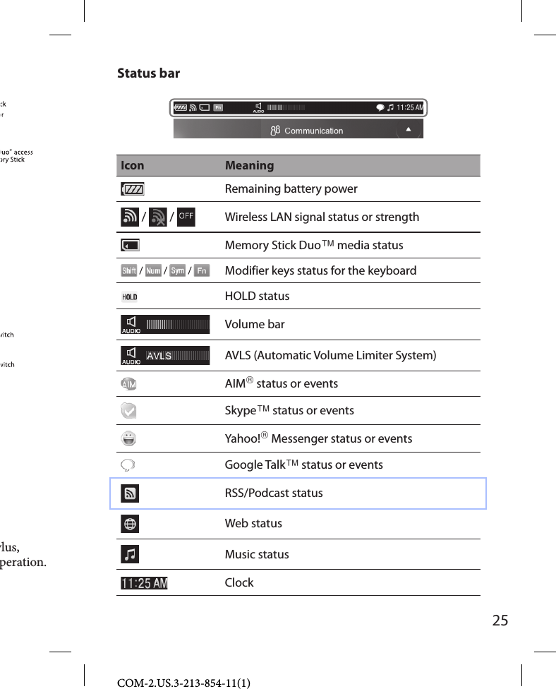 25COM-2.US.3-213-854-11(1)ylus, peration.Status barIcon MeaningRemaining battery power /   /  Wireless LAN signal status or strengthMemory Stick Duo media status /   /   /  Modifier keys status for the keyboardHOLD statusVolume barAVLS (Automatic Volume Limiter System)AIM status or eventsSkype status or eventsYahoo! Messenger status or eventsGoogle Talk status or eventsRSS/Podcast statusWeb statusMusic statusClock