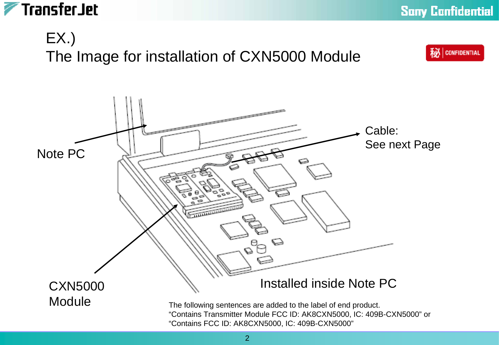 2EX.)The Image for installation of CXN5000 ModuleCXN5000 ModuleNote PCInstalled inside Note PCCable: See next PageThe following sentences are added to the label of end product.“Contains Transmitter Module FCC ID: AK8CXN5000, IC: 409B-CXN5000” or“Contains FCC ID: AK8CXN5000, IC: 409B-CXN5000”