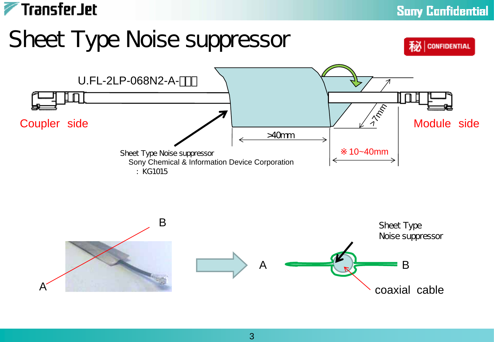 3Sheet Type Noise suppressorCoupler side&gt;7mm&gt;40mmU.FL-2LP-068N2-A-ｘｘｘModule side※10~40mmSheet Type Noise suppressorSony Chemical &amp; Information Device Corporation:  KG1015ABSheet Type Noise suppressorABcoaxial  cable