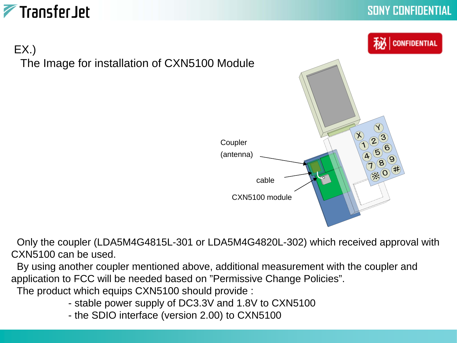 EX.)The Image for installation of CXN5100 ModuleCXN5100 moduleCoupler(antenna)cableOnly the coupler (LDA5M4G4815L-301 or LDA5M4G4820L-302) which received approval with CXN5100 can be used. By using another coupler mentioned above, additional measurement with the coupler and application to FCC will be needed based on ”Permissive Change Policies”.The product which equips CXN5100 should provide :- stable power supply of DC3.3V and 1.8V to CXN5100- the SDIO interface (version 2.00) to CXN5100