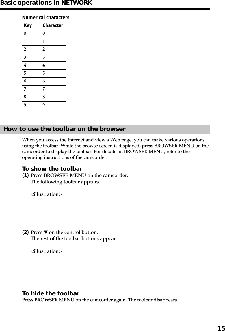 15Numerical charactersKey Character00112233445566778899How to use the toolbar on the browserWhen you access the Internet and view a Web page, you can make various operationsusing the toolbar. While the browse screen is displayed, press BROWSER MENU on thecamcorder to display the toolbar. For details on BROWSER MENU, refer to theoperating instructions of the camcorder.To show the toolbar(1)Press BROWSER MENU on the camcorder.The following toolbar appears.&lt;illustration&gt;(2)Press V on the control button.The rest of the toolbar buttons appear.&lt;illustration&gt;To hide the toolbarPress BROWSER MENU on the camcorder again. The toolbar disappears.Basic operations in NETWORK