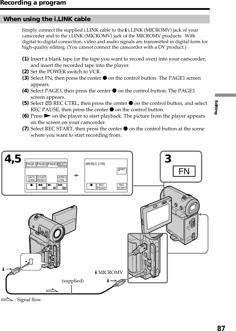 87Editing4,5 3FNPAGE1 PAGE2 PAGE3 EXITDATACODE COUNTRESET     RECCTRLRECPAUSEREC CTRLRET.RECSTARTRecording a programWhen using the i.LINK cableSimply connect the supplied i.LINK cable to the   i.LINK (MICROMV) jack of yourcamcorder and to the i.LINK (MICROMV) jack of the MICROMV products.  Withdigital-to-digital connection, video and audio signals are transmitted in digital form forhigh-quality editing. (You cannot connect the camcorder with a DV product.)(1)Insert a blank tape (or the tape you want to record over) into your camcorder,and insert the recorded tape into the player.(2)Set the POWER switch to VCR.(3)Select FN, then press the center z on the control button. The PAGE1 screenappears.(4)Select PAGE3, then press the center z on the control button. The PAGE3screen appears.(5)Select q REC CTRL, then press the center z on the control button, and selectREC PAUSE, then press the center z on the control button.(6)Press N on the player to start playback. The picture from the player appearson the screen on your camcorder.(7)Select REC START, then press the center z on the control button at the scenewhere you want to start recording from.: Signal flow(supplied) MICROMV