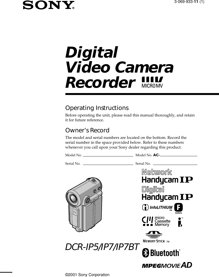 Sony Group DCRIP7 Digital Video Camera - Bluetooth User Manual users manual