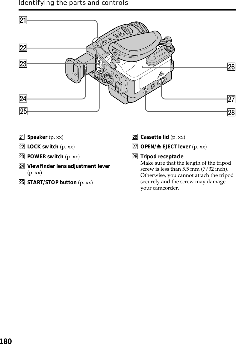 180Identifying the parts and controlswa Speaker (p. xx)ws LOCK switch (p. xx)wd POWER switch (p. xx)wf Viewfinder lens adjustment lever(p. xx)wg START/STOP button (p. xx)wh Cassette lid (p. xx)wj OPEN/Z EJECT lever (p. xx)wk Tripod receptacleMake sure that the length of the tripodscrew is less than 5.5 mm (7/32 inch).Otherwise, you cannot attach the tripodsecurely and the screw may damageyour camcorder.wjwkwhwdwfwawswg