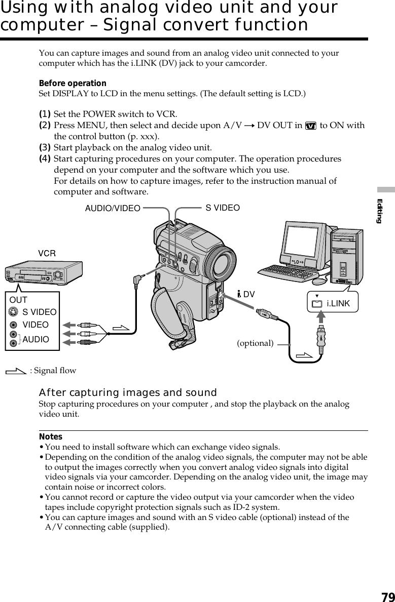 79EditingUsing with analog video unit and yourcomputer – Signal convert functionYou can capture images and sound from an analog video unit connected to yourcomputer which has the i.LINK (DV) jack to your camcorder.Before operationSet DISPLAY to LCD in the menu settings. (The default setting is LCD.)(1)Set the POWER switch to VCR.(2)Press MENU, then select and decide upon A/V t DV OUT in   to ON withthe control button (p. xxx).(3)Start playback on the analog video unit.(4)Start capturing procedures on your computer. The operation proceduresdepend on your computer and the software which you use.For details on how to capture images, refer to the instruction manual ofcomputer and software.After capturing images and soundStop capturing procedures on your computer , and stop the playback on the analogvideo unit.Notes•You need to install software which can exchange video signals.•Depending on the condition of the analog video signals, the computer may not be ableto output the images correctly when you convert analog video signals into digitalvideo signals via your camcorder. Depending on the analog video unit, the image maycontain noise or incorrect colors.•You cannot record or capture the video output via your camcorder when the videotapes include copyright protection signals such as ID-2 system.•You can capture images and sound with an S video cable (optional) instead of theA/V connecting cable (supplied).i.LINKVIDEOAUDIOS VIDEOOUTAUDIO/VIDEO S VIDEODV(optional) : Signal flow