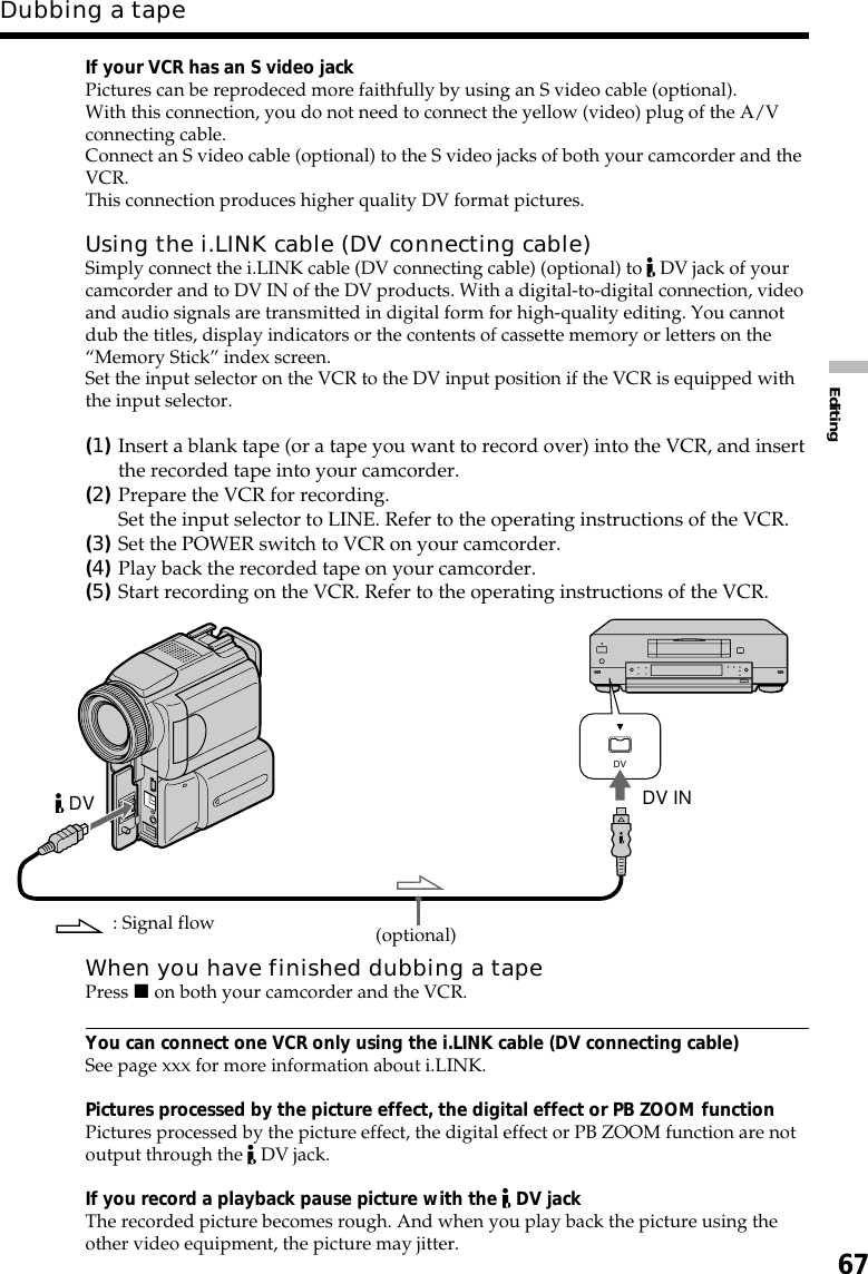 67EditingIf your VCR has an S video jackPictures can be reprodeced more faithfully by using an S video cable (optional).With this connection, you do not need to connect the yellow (video) plug of the A/Vconnecting cable.Connect an S video cable (optional) to the S video jacks of both your camcorder and theVCR.This connection produces higher quality DV format pictures.Using the i.LINK cable (DV connecting cable)Simply connect the i.LINK cable (DV connecting cable) (optional) to   DV jack of yourcamcorder and to DV IN of the DV products. With a digital-to-digital connection, videoand audio signals are transmitted in digital form for high-quality editing. You cannotdub the titles, display indicators or the contents of cassette memory or letters on the“Memory Stick” index screen.Set the input selector on the VCR to the DV input position if the VCR is equipped withthe input selector.(1)Insert a blank tape (or a tape you want to record over) into the VCR, and insertthe recorded tape into your camcorder.(2)Prepare the VCR for recording.Set the input selector to LINE. Refer to the operating instructions of the VCR.(3)Set the POWER switch to VCR on your camcorder.(4)Play back the recorded tape on your camcorder.(5)Start recording on the VCR. Refer to the operating instructions of the VCR.When you have finished dubbing a tapePress x on both your camcorder and the VCR.You can connect one VCR only using the i.LINK cable (DV connecting cable)See page xxx for more information about i.LINK.Pictures processed by the picture effect, the digital effect or PB ZOOM functionPictures processed by the picture effect, the digital effect or PB ZOOM function are notoutput through the   DV jack.If you record a playback pause picture with the   DV jackThe recorded picture becomes rough. And when you play back the picture using theother video equipment, the picture may jitter.Dubbing a tapeDVDV DV IN(optional): Signal flow