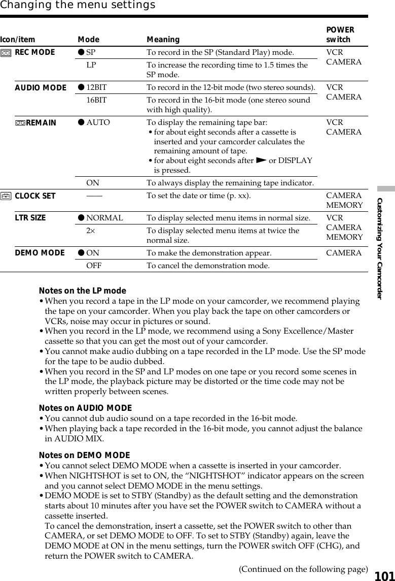 101Customizing Your CamcorderIcon/itemREC MODEAUDIO MODEqREMAINCLOCK SETLTR SIZEDEMO MODEModezSPLPz12BIT16BITzAUTOON——zNORMAL2×zONOFFMeaningTo record in the SP (Standard Play) mode.To increase the recording time to 1.5 times theSP mode.To record in the 12-bit mode (two stereo sounds).To record in the 16-bit mode (one stereo soundwith high quality).To display the remaining tape bar:•for about eight seconds after a cassette isinserted and your camcorder calculates theremaining amount of tape.•for about eight seconds after N or DISPLAYis pressed.To always display the remaining tape indicator.To set the date or time (p. xx).To display selected menu items in normal size.To display selected menu items at twice thenormal size.To make the demonstration appear.To cancel the demonstration mode.POWERswitchVCRCAMERAVCRCAMERAVCRCAMERACAMERAMEMORYVCRCAMERAMEMORYCAMERAChanging the menu settingsNotes on the LP mode•When you record a tape in the LP mode on your camcorder, we recommend playingthe tape on your camcorder. When you play back the tape on other camcorders orVCRs, noise may occur in pictures or sound.•When you record in the LP mode, we recommend using a Sony Excellence/Mastercassette so that you can get the most out of your camcorder.•You cannot make audio dubbing on a tape recorded in the LP mode. Use the SP modefor the tape to be audio dubbed.•When you record in the SP and LP modes on one tape or you record some scenes inthe LP mode, the playback picture may be distorted or the time code may not bewritten properly between scenes.Notes on AUDIO MODE•You cannot dub audio sound on a tape recorded in the 16-bit mode.•When playing back a tape recorded in the 16-bit mode, you cannot adjust the balancein AUDIO MIX.Notes on DEMO MODE•You cannot select DEMO MODE when a cassette is inserted in your camcorder.•When NIGHTSHOT is set to ON, the “NIGHTSHOT” indicator appears on the screenand you cannot select DEMO MODE in the menu settings.•DEMO MODE is set to STBY (Standby) as the default setting and the demonstrationstarts about 10 minutes after you have set the POWER switch to CAMERA without acassette inserted.To cancel the demonstration, insert a cassette, set the POWER switch to other thanCAMERA, or set DEMO MODE to OFF. To set to STBY (Standby) again, leave theDEMO MODE at ON in the menu settings, turn the POWER switch OFF (CHG), andreturn the POWER switch to CAMERA. (Continued on the following page)
