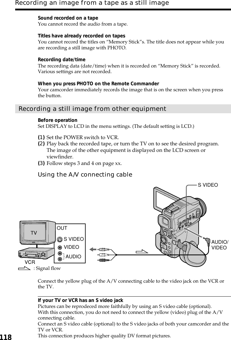 118Sound recorded on a tapeYou cannot record the audio from a tape.Titles have already recorded on tapesYou cannot record the titles on “Memory Stick”s. The title does not appear while youare recording a still image with PHOTO.Recording date/timeThe recording data (date/time) when it is recorded on “Memory Stick” is recorded.Various settings are not recorded.When you press PHOTO on the Remote CommanderYour camcorder immediately records the image that is on the screen when you pressthe button.Recording a still image from other equipmentBefore operationSet DISPLAY to LCD in the menu settings. (The default setting is LCD.)(1)Set the POWER switch to VCR.(2)Play back the recorded tape, or turn the TV on to see the desired program.The image of the other equipment is displayed on the LCD screen orviewfinder.(3)Follow steps 3 and 4 on page xx.Using the A/V connecting cableConnect the yellow plug of the A/V connecting cable to the video jack on the VCR orthe TV.If your TV or VCR has an S video jackPictures can be reprodeced more faithfully by using an S video cable (optional).With this connection, you do not need to connect the yellow (video) plug of the A/Vconnecting cable.Connect an S video cable (optional) to the S video jacks of both your camcorder and theTV or VCR.This connection produces higher quality DV format pictures.AUDIOAUDIO/VIDEOS VIDEOVIDEOOUTS VIDEO: Signal flowRecording an image from a tape as a still image