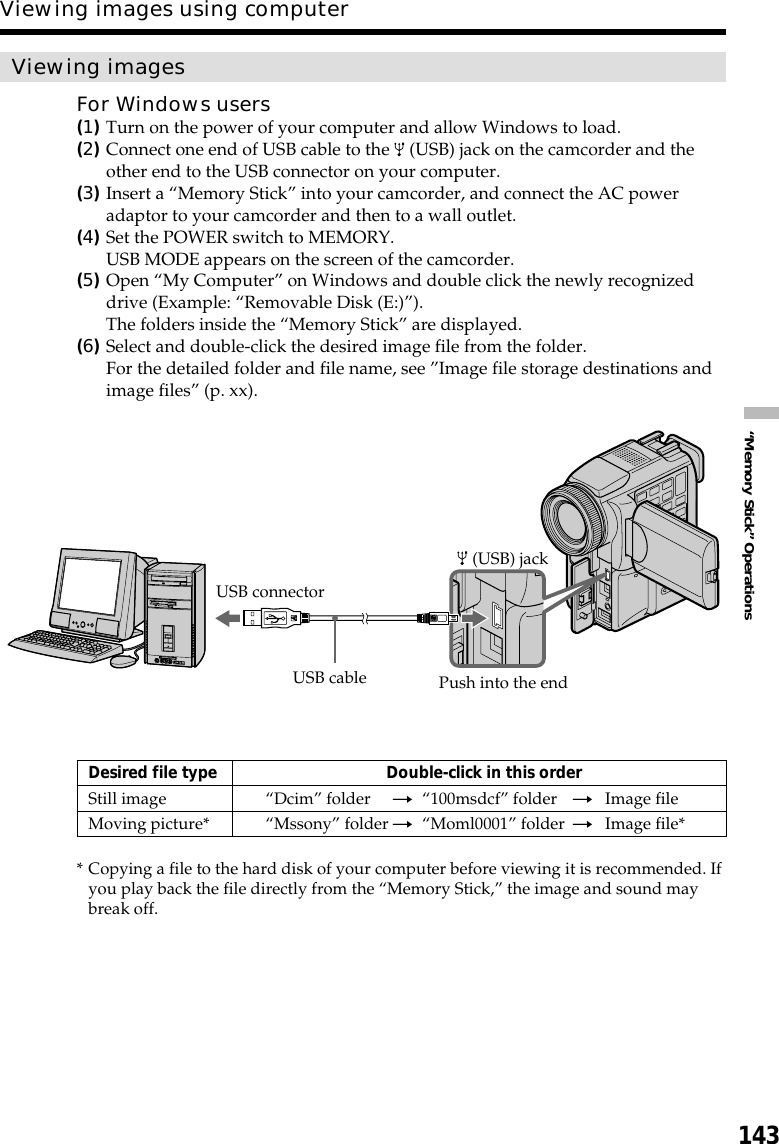 143“Memory Stick” OperationsViewing imagesFor Windows users(1)Turn on the power of your computer and allow Windows to load.(2)Connect one end of USB cable to the   (USB) jack on the camcorder and theother end to the USB connector on your computer.(3)Insert a “Memory Stick” into your camcorder, and connect the AC poweradaptor to your camcorder and then to a wall outlet.(4)Set the POWER switch to MEMORY.USB MODE appears on the screen of the camcorder.(5)Open “My Computer” on Windows and double click the newly recognizeddrive (Example: “Removable Disk (E:)”).The folders inside the “Memory Stick” are displayed.(6)Select and double-click the desired image file from the folder.For the detailed folder and file name, see ”Image file storage destinations andimage files” (p. xx).Desired file type Double-click in this orderStill image “Dcim” folder t“100msdcf” folder tImage fileMoving picture* “Mssony” folder t“Moml0001” folder tImage file** Copying a file to the hard disk of your computer before viewing it is recommended. Ifyou play back the file directly from the “Memory Stick,” the image and sound maybreak off.Viewing images using computerUSB connectorUSB cable Push into the end (USB) jack