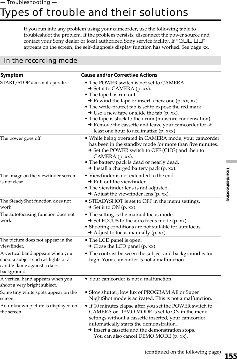 155Troubleshooting— Troubleshooting —Types of trouble and their solutionsIf you run into any problem using your camcorder, use the following table totroubleshoot the problem. If the problem persists, disconnect the power source andcontact your Sony dealer or local authorized Sony service facility. If “C:ss:ss”appears on the screen, the self-diagnosis display function has worked. See page xx.In the recording modeSymptom Cause and/or Corrective Actions•The POWER switch is not set to CAMERA.cSet it to CAMERA (p. xx).•The tape has run out.cRewind the tape or insert a new one (p. xx, xx).•The write-protect tab is set to expose the red mark.cUse a new tape or slide the tab (p. xx).•The tape is stuck to the drum (moisture condensation).cRemove the cassette and leave your camcorder for atleast one hour to acclimatize (p. xxx).•While being operated in CAMERA mode, your camcorderhas been in the standby mode for more than five minutes.cSet the POWER switch to OFF (CHG) and then toCAMERA (p. xx).•The battery pack is dead or nearly dead.cInstall a charged battery pack (p. xx).•Viewfinder is not extended to the end.cPull out the viewfinder.•The viewfinder lens is not adjusted.cAdjust the viewfinder lens (p. xx).•STEADYSHOT is set to OFF in the menu settings.cSet it to ON (p. xx).•The setting is the manual focus mode.cSet FOCUS to the auto focus mode (p. xx).•Shooting conditions are not suitable for autofocus.cAdjust to focus manually (p. xx).•The LCD panel is open.cClose the LCD panel (p. xx).•The contrast between the subject and background is toohigh. Your camcorder is not a malfunction.•Your camcorder is not a malfunction.•Slow shutter, low lux of PROGRAM AE or SuperNightShot mode is activated. This is not a malfunction.•If 10 minutes elapse after you set the POWER switch toCAMERA or DEMO MODE is set to ON in the menusettings without a cassette inserted, your camcorderautomatically starts the demonstration.cInsert a cassette and the demonstration stops.You can also cancel DEMO MODE (p. xx).START/STOP does not operate.The power goes off.The image on the viewfinder screenis not clear.The SteadyShot function does notwork.The autofocusing function does notwork.The picture does not appear in theviewfinder.A vertical band appears when youshoot a subject such as lights or acandle flame against a darkbackground.A vertical band appears when youshoot a very bright subject.Some tiny white spots appear on thescreen.An unknown picture is displayed onthe screen.(continued on the following page)