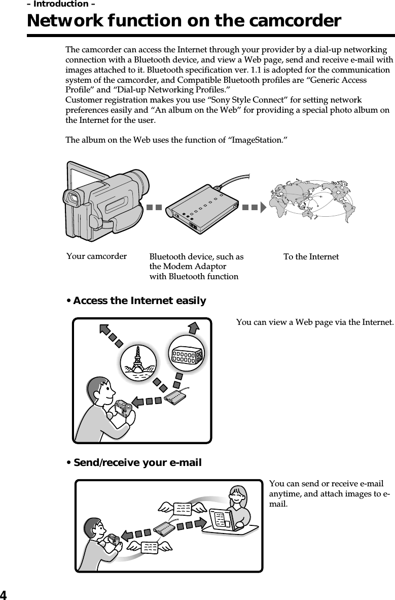 4– Introduction –Network function on the camcorderThe camcorder can access the Internet through your provider by a dial-up networkingconnection with a Bluetooth device, and view a Web page, send and receive e-mail withimages attached to it. Bluetooth specification ver. 1.1 is adopted for the communicationsystem of the camcorder, and Compatible Bluetooth profiles are “Generic AccessProfile” and “Dial-up Networking Profiles.”Customer registration makes you use “Sony Style Connect” for setting networkpreferences easily and “An album on the Web” for providing a special photo album onthe Internet for the user.The album on the Web uses the function of “ImageStation.”• Access the Internet easilyYou can view a Web page via the Internet.• Send/receive your e-mailYou can send or receive e-mailanytime, and attach images to e-mail.Your camcorder To the InternetBluetooth device, such asthe Modem Adaptorwith Bluetooth function