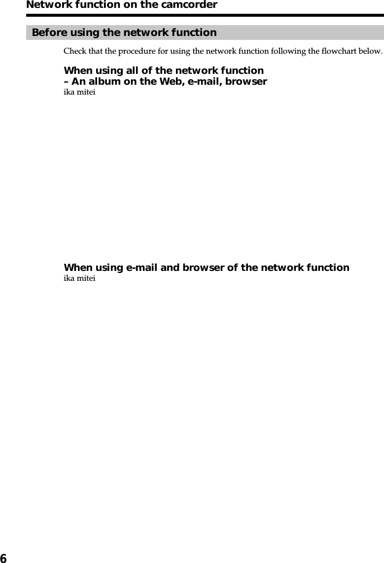 6Network function on the camcorderBefore using the network functionCheck that the procedure for using the network function following the flowchart below.When using all of the network function– An album on the Web, e-mail, browserika miteiWhen using e-mail and browser of the network functionika mitei