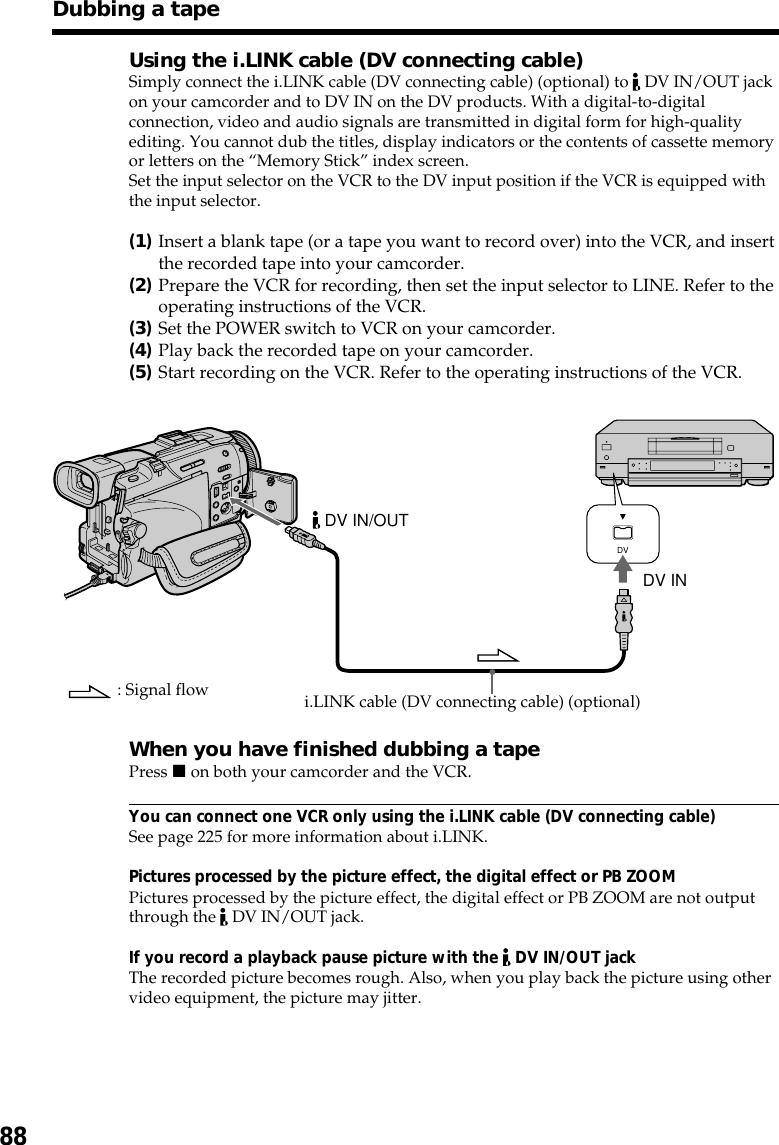 88Using the i.LINK cable (DV connecting cable)Simply connect the i.LINK cable (DV connecting cable) (optional) to   DV IN/OUT jackon your camcorder and to DV IN on the DV products. With a digital-to-digitalconnection, video and audio signals are transmitted in digital form for high-qualityediting. You cannot dub the titles, display indicators or the contents of cassette memoryor letters on the “Memory Stick” index screen.Set the input selector on the VCR to the DV input position if the VCR is equipped withthe input selector.(1)Insert a blank tape (or a tape you want to record over) into the VCR, and insertthe recorded tape into your camcorder.(2)Prepare the VCR for recording, then set the input selector to LINE. Refer to theoperating instructions of the VCR.(3)Set the POWER switch to VCR on your camcorder.(4)Play back the recorded tape on your camcorder.(5)Start recording on the VCR. Refer to the operating instructions of the VCR.When you have finished dubbing a tapePress x on both your camcorder and the VCR.You can connect one VCR only using the i.LINK cable (DV connecting cable)See page 225 for more information about i.LINK.Pictures processed by the picture effect, the digital effect or PB ZOOMPictures processed by the picture effect, the digital effect or PB ZOOM are not outputthrough the   DV IN/OUT jack.If you record a playback pause picture with the   DV IN/OUT jackThe recorded picture becomes rough. Also, when you play back the picture using othervideo equipment, the picture may jitter.Dubbing a tapeDVDV IN/OUTDV INi.LINK cable (DV connecting cable) (optional): Signal flow