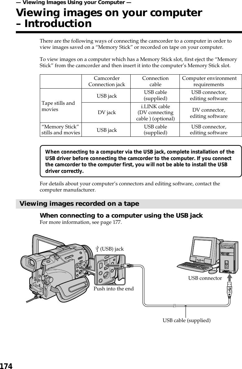 174There are the following ways of connecting the camcorder to a computer in order toview images saved on a “Memory Stick” or recorded on tape on your computer.To view images on a computer which has a Memory Stick slot, first eject the “MemoryStick” from the camcorder and then insert it into the computer’s Memory Stick slot.When connecting to a computer via the USB jack, complete installation of theUSB driver before connecting the camcorder to the computer. If you connectthe camcorder to the computer first, you will not be able to install the USBdriver correctly.For details about your computer’s connectors and editing software, contact thecomputer manufacturer.Viewing images recorded on a tapeWhen connecting to a computer using the USB jackFor more information, see page 177.Camcorder Connection  Computer environmentConnection jack cable requirementsUSB jack USB cable USB connector,(supplied) editing softwareTape stills and i.LINK cable DV connector,movies DV jack (DV connecting editing softwarecable ) (optional)“Memory Stick”USB jack USB cable USB connector,stills and movies (supplied) editing software— Viewing Images Using your Computer —Viewing images on your computer– Introduction (USB) jackUSB connectorUSB cable (supplied)Push into the end