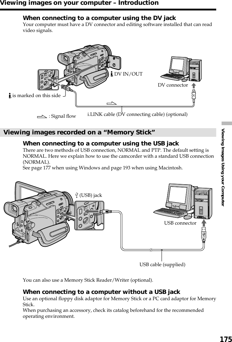 175Viewing Images Using your ComputerWhen connecting to a computer using the DV jackYour computer must have a DV connector and editing software installed that can readvideo signals.Viewing images recorded on a “Memory Stick”When connecting to a computer using the USB jackThere are two methods of USB connection, NORMAL and PTP. The default setting isNORMAL. Here we explain how to use the camcorder with a standard USB connection(NORMAL).See page 177 when using Windows and page 193 when using Macintosh.You can also use a Memory Stick Reader/Writer (optional).When connecting to a computer without a USB jackUse an optional floppy disk adaptor for Memory Stick or a PC card adaptor for MemoryStick.When purchasing an accessory, check its catalog beforehand for the recommendedoperating environment.Viewing images on your computer – IntroductionUSB cable (supplied) (USB) jackUSB connector: Signal flow i.LINK cable (DV connecting cable) (optional) DV IN/OUT is marked on this sideDV connector