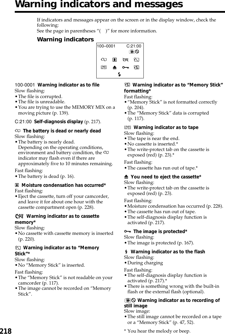 218Warning indicators and messages100-0001 Warning indicator as to fileSlow flashing:•The file is corrupted.•The file is unreadable.•You are trying to use the MEMORY MIX on amoving picture (p. 139).C:21:00 Self-diagnosis display (p. 217).EThe battery is dead or nearly deadSlow flashing:•The battery is nearly dead.Depending on the operating conditions,environment and battery condition, the Eindicator may flash even if there areapproximately five to 10 minutes remaining.Fast flashing:•The battery is dead (p. 16).%Moisture condensation has occurred*Fast flashing:•Eject the cassette, turn off your camcorder,and leave it for about one hour with thecassette compartment open (p. 228).Warning indicator as to cassettememory*Slow flashing:•No cassette with cassette memory is inserted(p. 220).Warning indicator as to “MemoryStick”*Slow flashing:•No “Memory Stick” is inserted.Fast flashing:•The “Memory Stick” is not readable on yourcamcorder (p. 117).•The image cannot be recorded on “MemoryStick”.If indicators and messages appear on the screen or in the display window, check thefollowing:See the page in parentheses “()” for more information.Warning indicatorsC:21:00100–0001Warning indicator as to “Memory Stick”formatting*Fast flashing:•“Memory Stick” is not formatted correctly(p. 204).•The “Memory Stick” data is corrupted(p. 117).QWarning indicator as to tapeSlow flashing:•The tape is near the end.•No cassette is inserted.*•The write-protect tab on the cassette isexposed (red) (p. 23).*Fast flashing:•The cassette has run out of tape.*ZYou need to eject the cassette*Slow flashing:•The write-protect tab on the cassette isexposed (red) (p. 23).Fast flashing:•Moisture condensation has occurred (p. 228).•The cassette has run out of tape.•The self-diagnosis display function isactivated (p. 217).-The image is protected*Slow flashing:•The image is protected (p. 167).Warning indicator as to the flashSlow flashing:•During chargingFast flashing:•The self-diagnosis display function isactivated (p. 217).*•There is something wrong with the built-inflash or the external flash (optional). Warning indicator as to recording ofstill imageSlow image:•The still image cannot be recorded on a tapeor a “Memory Stick” (p. 47, 52).* You hear the melody or beep.