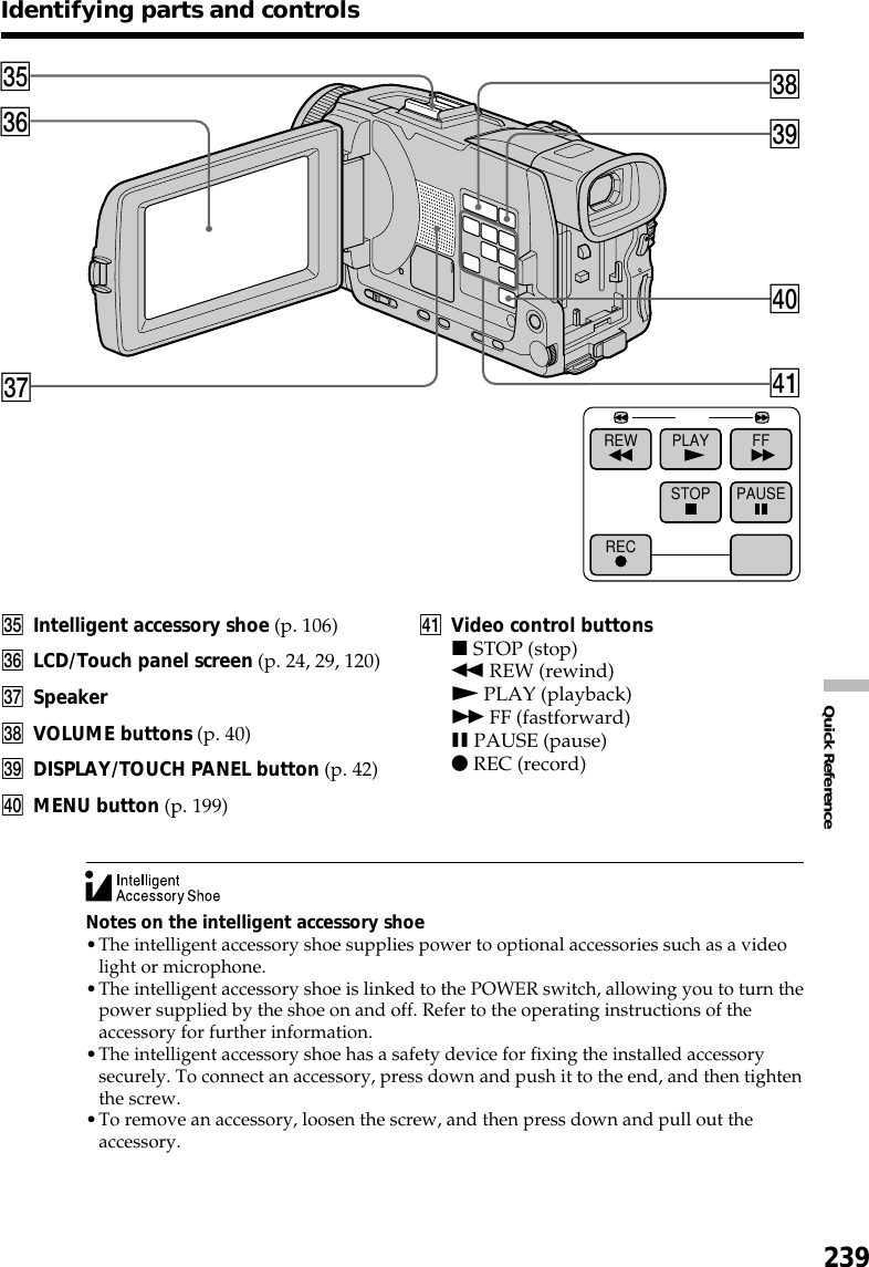 239Quick Referenceeg Intelligent accessory shoe (p. 106)eh LCD/Touch panel screen (p. 24, 29, 120)ej Speakerek VOLUME buttons (p. 40)el DISPLAY/TOUCH PANEL button (p. 42)r; MENU button (p. 199)Identifying parts and controlsREW PLAY FFRECSTOP PAUSEr;elejekehegrara Video control buttonsx STOP (stop)m REW (rewind)N PLAY (playback)M FF (fastforward)X PAUSE (pause)z REC (record)Notes on the intelligent accessory shoe•The intelligent accessory shoe supplies power to optional accessories such as a videolight or microphone.•The intelligent accessory shoe is linked to the POWER switch, allowing you to turn thepower supplied by the shoe on and off. Refer to the operating instructions of theaccessory for further information.•The intelligent accessory shoe has a safety device for fixing the installed accessorysecurely. To connect an accessory, press down and push it to the end, and then tightenthe screw.•To remove an accessory, loosen the screw, and then press down and pull out theaccessory.