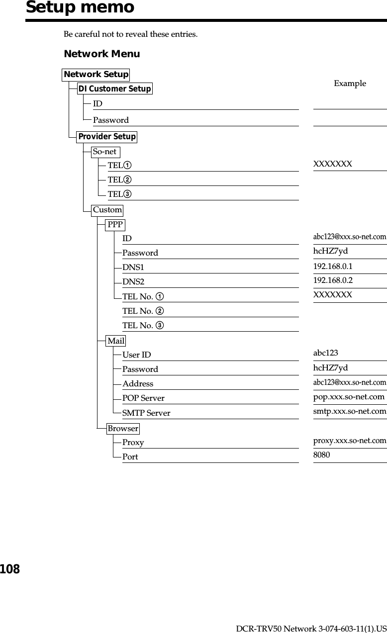 108DCR-TRV50 Network 3-074-603-11(1).USBe careful not to reveal these entries.Network MenuNetwork SetupDI Customer SetupIDPasswordProvider SetupSo-netTEL1TEL2TEL3CustomPPPIDPasswordDNS1DNS2TEL No. 1TEL No. 2TEL No. 3MailUser IDPasswordAddressPOP ServerSMTP ServerBrowserProxyPortSetup memoExampleabc123@xxx.so-net.comhcHZ7yd192.168.0.1192.168.0.2XXXXXXXabc123hcHZ7ydabc123@xxx.so-net.compop.xxx.so-net.comsmtp.xxx.so-net.comproxy.xxx.so-net.com8080XXXXXXX