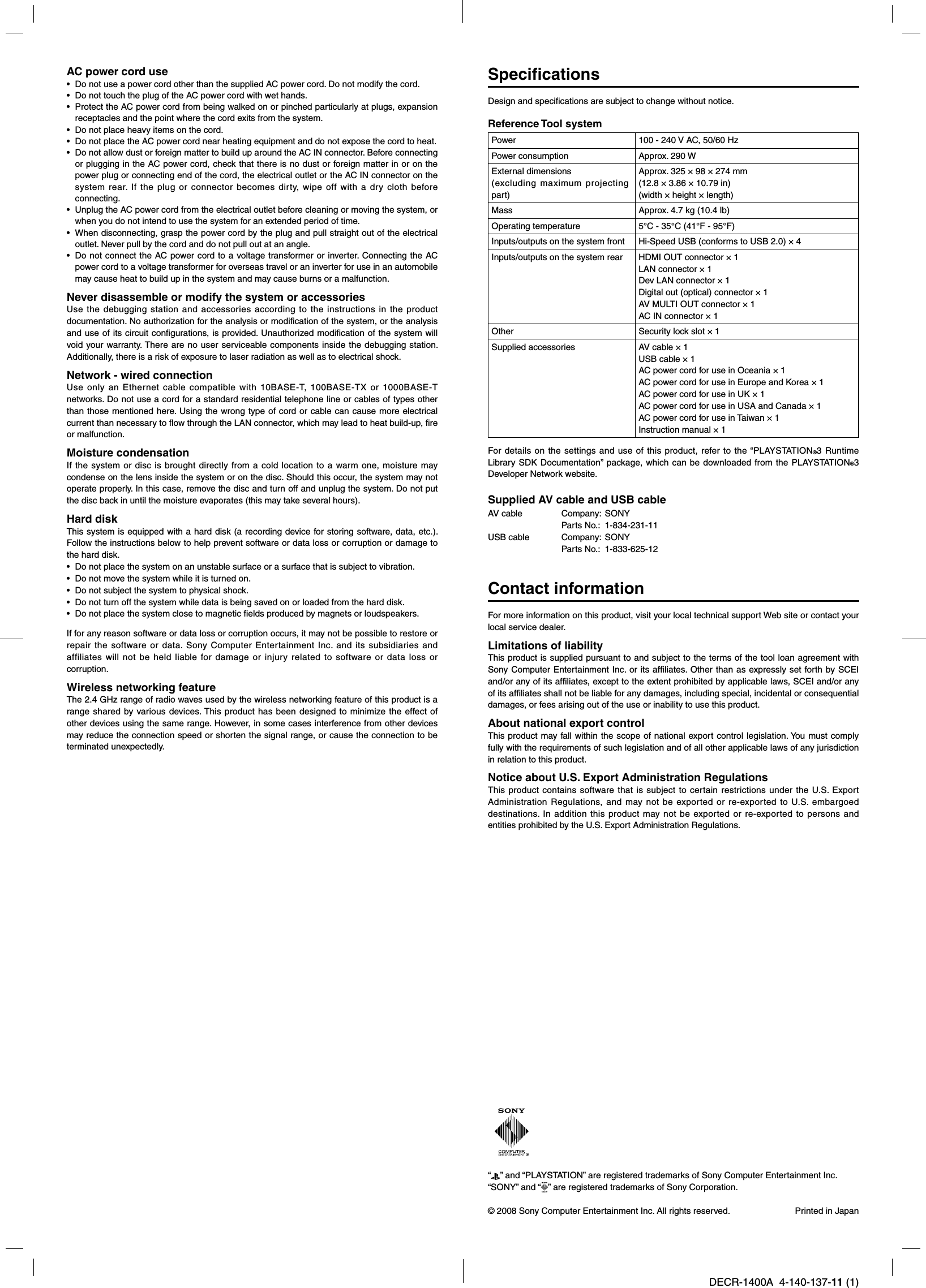 sony-group-decr1400a-reference-tool-for-playstation-3-user-manual-decr