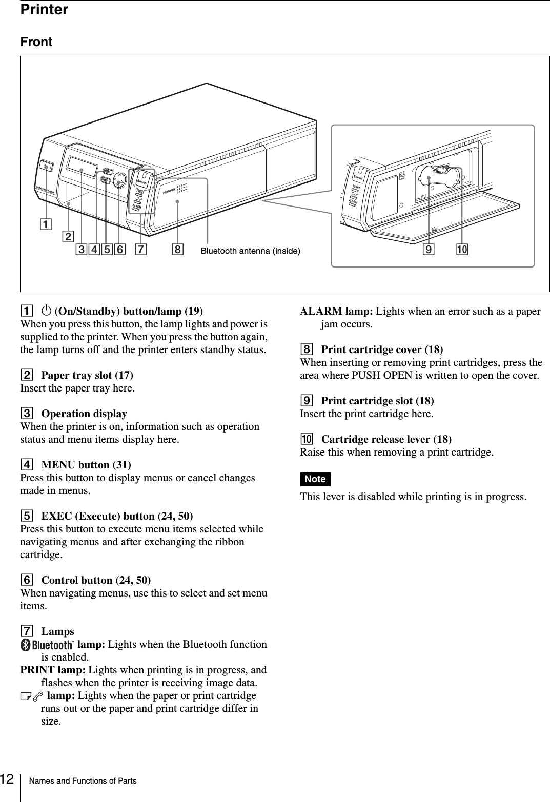 Names and Functions of Parts12PrinterFrontA1 (On/Standby) button/lamp (19)When you press this button, the lamp lights and power is supplied to the printer. When you press the button again, the lamp turns off and the printer enters standby status.BPaper tray slot (17)Insert the paper tray here.COperation displayWhen the printer is on, information such as operation status and menu items display here.DMENU button (31)Press this button to display menus or cancel changes made in menus.EEXEC (Execute) button (24, 50)Press this button to execute menu items selected while navigating menus and after exchanging the ribbon cartridge.FControl button (24, 50)When navigating menus, use this to select and set menu items.GLamps lamp: Lights when the Bluetooth function is enabled.PRINT lamp: Lights when printing is in progress, and flashes when the printer is receiving image data. lamp: Lights when the paper or print cartridge runs out or the paper and print cartridge differ in size.ALARM lamp: Lights when an error such as a paper jam occurs.HPrint cartridge cover (18)When inserting or removing print cartridges, press the area where PUSH OPEN is written to open the cover.IPrint cartridge slot (18)Insert the print cartridge here.JCartridge release lever (18)Raise this when removing a print cartridge.NoteThis lever is disabled while printing is in progress.1234 0956 87PUSH OPENPRINTEXECMENUALARMDIGITAL PHOTO PRINTERPRINTALARMBluetooth antenna (inside)