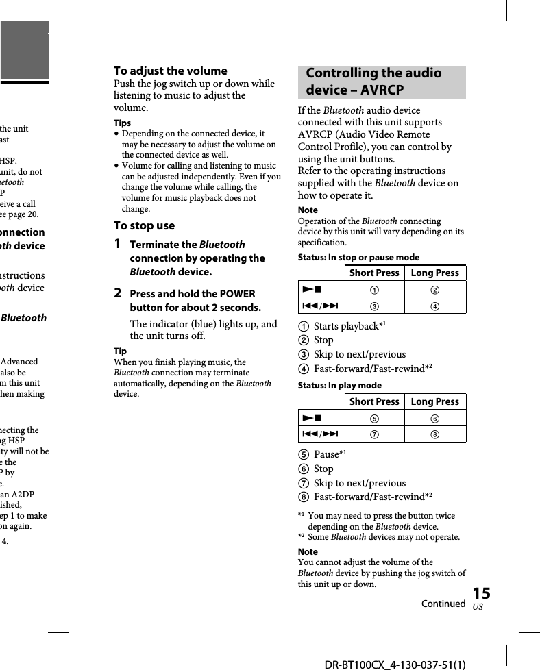 DR-BT100CX_4-130-037-51(1)15USthe unit ast HSP.unit, do not uetooth P eive a call ee page 20.onnection oth device nstructions ooth device Bluetooth Advanced also be m this unit hen making necting the ng HSP ity will not be e the P by e.an A2DP ished, ep 1 to make on again.4.To adjust the volumePush the jog switch up or down while listening to music to adjust the volume.Tips Depending on the connected device, it may be necessary to adjust the volume on the connected device as well. Volume for calling and listening to music can be adjusted independently. Even if you change the volume while calling, the volume for music playback does not change.To stop use1 Terminate the Bluetooth connection by operating the Bluetooth device.2  Press and hold the POWER button for about 2 seconds.The indicator (blue) lights up, and the unit turns off.TipWhen you finish playing music, the Bluetooth connection may terminate automatically, depending on the Bluetooth device.Controlling the audio device – AVRCPIf the Bluetooth audio device connected with this unit supports AVRCP (Audio Video Remote Control Profile), you can control by using the unit buttons.Refer to the operating instructions supplied with the Bluetooth device on how to operate it.NoteOperation of the Bluetooth connecting device by this unit will vary depending on its specification.Status: In stop or pause modeShort Press Long Press  /  Starts playback*1 Stop  Skip to next/previous Fast-forward/Fast-rewind*2Status: In play modeShort Press Long Press  /  Pause*1 Stop  Skip to next/previous Fast-forward/Fast-rewind*2*1  You may need to press the button twice depending on the Bluetooth device.*2 Some Bluetooth devices may not operate.NoteYou cannot adjust the volume of the Bluetooth device by pushing the jog switch of this unit up or down.Continued