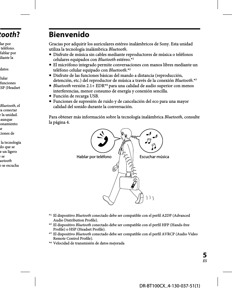 DR-BT100CX_4-130-037-51(1)5EStooth?lar por teléfono.Hablar por diante la datos lular funciones HSP (Headset Bluetooth, el ea conectar e la unidad.aunque onamiento ar ciones de la tecnología do que se e un ligero e se uetooth o se escucha BienvenidoGracias por adquirir los auriculares estéreo inalámbricos de Sony. Esta unidad utiliza la tecnología inalámbrica Bluetooth.  Disfrute de música sin cables mediante reproductores de música o teléfonos celulares equipados con Bluetooth estéreo.*1   El micrófono integrado permite conversaciones con manos libres mediante un teléfono celular equipado con Bluetooth.*2   Disfrute de las funciones básicas del mando a distancia (reproducción, detención, etc.) del reproductor de música a través de la conexión Bluetooth.*3  Bluetooth versión 2.1+ EDR*4 para una calidad de audio superior con menos interferencias, menor consumo de energía y conexión sencilla.  Función de recarga USB.  Funciones de supresión de ruido y de cancelación del eco para una mayor calidad del sonido durante la conversación.Para obtener más información sobre la tecnología inalámbrica Bluetooth, consulte la página 4.Hablar por teléfono Escuchar música*1 El dispositivo Bluetooth conectado debe ser compatible con el perfil A2DP (Advanced Audio Distribution Profile).*2 El dispositivo Bluetooth conectado debe ser compatible con el perfil HFP (Hands-free Profile) o HSP (Headset Profile).*3 El dispositivo Bluetooth conectado debe ser compatible con el perfil AVRCP (Audio Video Remote Control Profile).*4  Velocidad de transmisión de datos mejorada