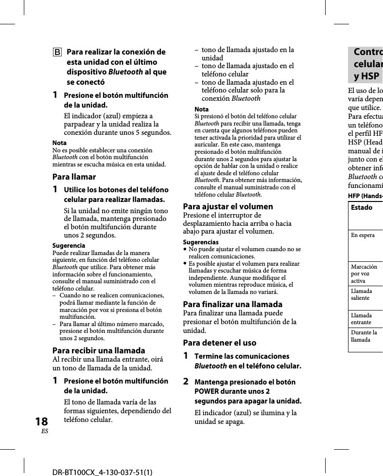 DR-BT100CX_4-130-037-51(1)18ES  Para realizar la conexión de esta unidad con el último dispositivo Bluetooth al que se conectó1  Presione el botón multifunción de la unidad.El indicador (azul) empieza a parpadear y la unidad realiza la conexión durante unos 5 segundos.NotaNo es posible establecer una conexión Bluetooth con el botón multifunción mientras se escucha música en esta unidad.Para llamar1  Utilice los botones del teléfono celular para realizar llamadas.Si la unidad no emite ningún tono de llamada, mantenga presionado el botón multifunción durante unos 2 segundos.SugerenciaPuede realizar llamadas de la manera siguiente, en función del teléfono celular Bluetooth que utilice. Para obtener más información sobre el funcionamiento, consulte el manual suministrado con el teléfono celular.–  Cuando no se realicen comunicaciones, podrá llamar mediante la función de marcación por voz si presiona el botón multifunción.–  Para llamar al último número marcado, presione el botón multifunción durante unos 2 segundos.Para recibir una llamadaAl recibir una llamada entrante, oirá un tono de llamada de la unidad.1  Presione el botón multifunción de la unidad.El tono de llamada varía de las formas siguientes, dependiendo del teléfono celular.–  tono de llamada ajustado en la unidad–  tono de llamada ajustado en el teléfono celular–  tono de llamada ajustado en el teléfono celular solo para la conexión BluetoothNotaSi presionó el botón del teléfono celular Bluetooth para recibir una llamada, tenga en cuenta que algunos teléfonos pueden tener activada la prioridad para utilizar el auricular. En este caso, mantenga presionado el botón multifunción durante unos 2 segundos para ajustar la opción de hablar con la unidad o realice el ajuste desde el teléfono celular Bluetooth. Para obtener más información, consulte el manual suministrado con el teléfono celular Bluetooth.Para ajustar el volumenPresione el interruptor de desplazamiento hacia arriba o hacia abajo para ajustar el volumen.Sugerencias No puede ajustar el volumen cuando no se realicen comunicaciones. Es posible ajustar el volumen para realizar llamadas y escuchar música de forma independiente. Aunque modifique el volumen mientras reproduce música, el volumen de la llamada no variará.Para finalizar una llamadaPara finalizar una llamada puede presionar el botón multifunción de la unidad.Para detener el uso1  Termine las comunicaciones Bluetooth en el teléfono celular. 2 Mantenga presionado el botón POWER durante unos 2 segundos para apagar la unidad.El indicador (azul) se ilumina y la unidad se apaga.Controcelulary HSPEl uso de lovaría depenque utilice.Para efectuaun teléfonoel perfil HFHSP (Headmanual de ijunto con elobtener infoBluetooth cofuncionamiHFP (Hands-EstadoEn esperaMarcación por voz activaLlamada salienteLlamada entranteDurante la llamada