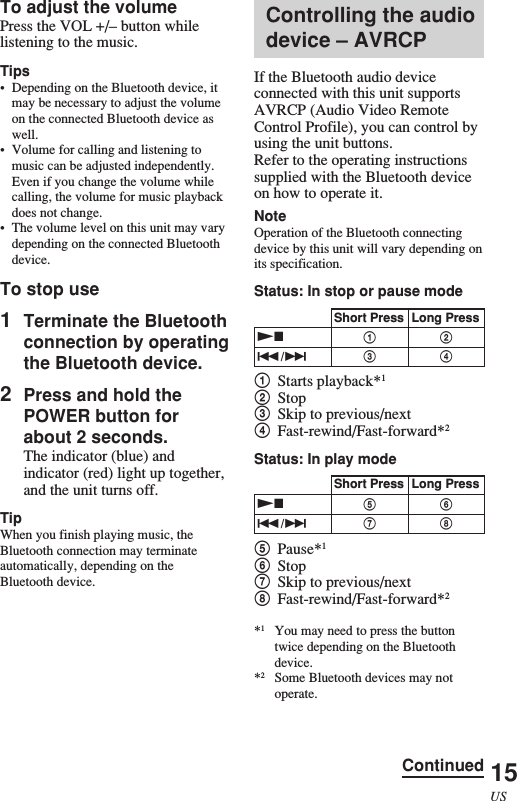 15USTo adjust the volumePress the VOL +/– button whilelistening to the music.Tips•Depending on the Bluetooth device, itmay be necessary to adjust the volumeon the connected Bluetooth device aswell.•Volume for calling and listening tomusic can be adjusted independently.Even if you change the volume whilecalling, the volume for music playbackdoes not change.•The volume level on this unit may varydepending on the connected Bluetoothdevice.To stop use1Terminate the Bluetoothconnection by operatingthe Bluetooth device.2Press and hold thePOWER button forabout 2 seconds.The indicator (blue) andindicator (red) light up together,and the unit turns off.TipWhen you finish playing music, theBluetooth connection may terminateautomatically, depending on theBluetooth device.Controlling the audiodevice – AVRCPIf the Bluetooth audio deviceconnected with this unit supportsAVRCP (Audio Video RemoteControl Profile), you can control byusing the unit buttons.Refer to the operating instructionssupplied with the Bluetooth deviceon how to operate it.NoteOperation of the Bluetooth connectingdevice by this unit will vary depending onits specification.Status: In stop or pause mode1Starts playback*12Stop3Skip to previous/next4Fast-rewind/Fast-forward*2Status: In play mode5Pause*16Stop7Skip to previous/next8Fast-rewind/Fast-forward*2*1You may need to press the buttontwice depending on the Bluetoothdevice.*2Some Bluetooth devices may notoperate.13Short Press Long PressNx./&gt;24Short Press Long PressNx./&gt;5768Continued