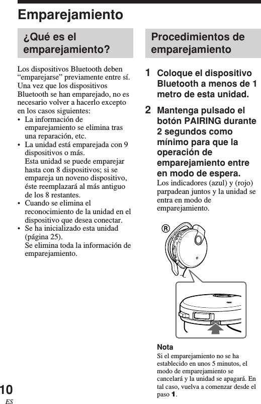 10ESEmparejamiento¿Qué es elemparejamiento?Los dispositivos Bluetooth deben“emparejarse” previamente entre sí.Una vez que los dispositivosBluetooth se han emparejado, no esnecesario volver a hacerlo exceptoen los casos siguientes:•La información deemparejamiento se elimina trasuna reparación, etc.•La unidad está emparejada con 9dispositivos o más.Esta unidad se puede emparejarhasta con 8 dispositivos; si seempareja un noveno dispositivo,éste reemplazará al más antiguode los 8 restantes.•Cuando se elimina elreconocimiento de la unidad en eldispositivo que desea conectar.•Se ha inicializado esta unidad(página 25).Se elimina toda la información deemparejamiento.Procedimientos deemparejamiento1Coloque el dispositivoBluetooth a menos de 1metro de esta unidad.2Mantenga pulsado elbotón PAIRING durante2 segundos comomínimo para que laoperación deemparejamiento entreen modo de espera.Los indicadores (azul) y (rojo)parpadean juntos y la unidad seentra en modo deemparejamiento.NotaSi el emparejamiento no se haestablecido en unos 5 minutos, elmodo de emparejamiento secancelará y la unidad se apagará. Ental caso, vuelva a comenzar desde elpaso 1.