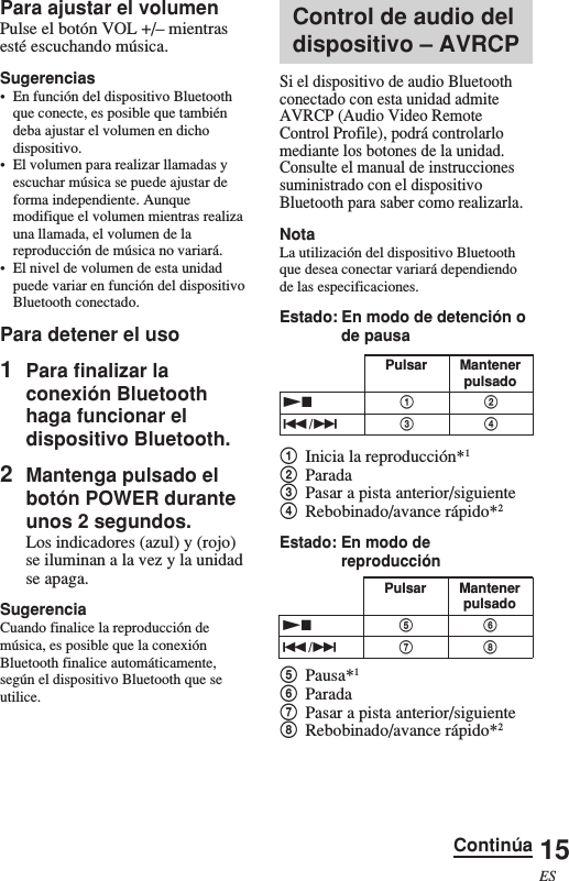 15ESControl de audio deldispositivo – AVRCPSi el dispositivo de audio Bluetoothconectado con esta unidad admiteAVRCP (Audio Video RemoteControl Profile), podrá controlarlomediante los botones de la unidad.Consulte el manual de instruccionessuministrado con el dispositivoBluetooth para saber como realizarla.NotaLa utilización del dispositivo Bluetoothque desea conectar variará dependiendode las especificaciones.Estado: En modo de detención ode pausa1Inicia la reproducción*12Parada3Pasar a pista anterior/siguiente4Rebobinado/avance rápido*2Estado: En modo dereproducción5Pausa*16Parada7Pasar a pista anterior/siguiente8Rebobinado/avance rápido*2Para ajustar el volumenPulse el botón VOL +/– mientrasesté escuchando música.Sugerencias•En función del dispositivo Bluetoothque conecte, es posible que tambiéndeba ajustar el volumen en dichodispositivo.•El volumen para realizar llamadas yescuchar música se puede ajustar deforma independiente. Aunquemodifique el volumen mientras realizauna llamada, el volumen de lareproducción de música no variará.•El nivel de volumen de esta unidadpuede variar en función del dispositivoBluetooth conectado.Para detener el uso1Para finalizar laconexión Bluetoothhaga funcionar eldispositivo Bluetooth.2Mantenga pulsado elbotón POWER duranteunos 2 segundos.Los indicadores (azul) y (rojo)se iluminan a la vez y la unidadse apaga.SugerenciaCuando finalice la reproducción demúsica, es posible que la conexiónBluetooth finalice automáticamente,según el dispositivo Bluetooth que seutilice.Pulsar MantenerpulsadoNx./&gt;5768Pulsar MantenerpulsadoNx./&gt;1324Continúa