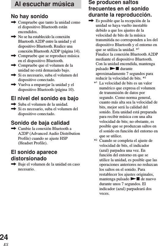 24ESAl escuchar músicaNo hay sonido,Compruebe que tanto la unidad comoel dispositivo Bluetooth estánencendidos.,No se ha establecido la conexiónBluetooth A2DP entre la unidad y eldispositivo Bluetooth. Realice unaconexión Bluetooth A2DP (página 14).,Compruebe que se reproduce músicaen el dispositivo Bluetooth.,Compruebe que el volumen de launidad no está demasiado bajo.,Si es necesario, suba el volumen deldispositivo conectado.,Vuelva a emparejar la unidad y eldispositivo Bluetooth (página 10).El nivel del sonido es bajo,Suba el volumen de la unidad.,Si es necesario, suba el volumen deldispositivo conectado.Sonido de baja calidad,Cambie la conexión Bluetooth aA2DP (Advanced Audio DistributionProfile) cuando se ajuste HSP(Headset Profile).El sonido aparecedistorsionado,Baje el volumen de la unidad en casonecesario.Se producen saltosfrecuentes en el sonidodurante la reproducción.,Es posible que la recepción de launidad se haya vuelto inestabledebido a que los ajustes de lavelocidad de bits de la músicatransmitida no corresponden a los deldispositivo Bluetooth y el entorno enque se utiliza la unidad. *1Finalice la conexión Bluetooth A2DPmediante el dispositivo Bluetooth.Con la unidad encendida, mantengapulsado Nx duranteaproximadamente 7 segundos parareducir la velocidad de bits. *2*1La velocidad de bits es un valornumérico que expresa el volumende transmisión de datos porsegundo. Como norma general,cuanto más alta sea la velocidad debits, mejor será la calidad delsonido. Esta unidad está preparadapara recibir música con una altavelocidad de bits; no obstante, esposible que se produzcan saltos enel sonido en función del entorno enque se utilice.*2Cuando se completa el ajuste develocidad de bits, el indicador(azul) parpadea una vez. Enfunción del entorno en que seutilice la unidad, es posible que lasoperaciones anteriores no reduzcanlos saltos en el sonido. Pararestablecer los ajustes originales,mantenga pulsado Nx de nuevodurante unos 7 segundos. Elindicador (azul) parpadeará dosveces.