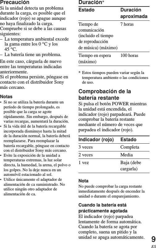 9ESPrecauciónSi la unidad detecta un problemadurante la carga, es posible que elindicador (rojo) se apague aunqueno haya finalizado la carga.Compruebe si se debe a las causassiguientes:–La temperatura ambiental excedela gama entre los 0 °C y los45 °C.–La batería tiene un problema.En este caso, cárguela de nuevoentre las temperaturas indicadasanteriormente.Si el problema persiste, póngase encontacto con el distribuidor Sonymás cercano.Notas•Si no se utiliza la batería durante unperíodo de tiempo prolongado, esposible que la carga se agoterápidamente. Sin embargo, después devarias recargas, aumentará la duración.•Si la vida útil de la batería recargableincorporada disminuye hasta la mitadde la duración normal, la batería deberáreemplazarse. Para reemplazar labatería recargable, póngase en contactocon el distribuidor Sony más cercano.•Evite la exposición de la unidad atemperaturas extremas, la luz solardirecta, la humedad, la arena, el polvo olos golpes. No la deje nunca en unautomóvil estacionado al sol.•Utilice únicamente el adaptador dealimentación de ca suministrado. Noutilice ningún otro adaptador dealimentación de ca.Duración*Estado DuraciónaproximadaTiempo de 7 horascomunicación(incluido el tiempode reproducciónde música) (máximo)Tiempo en espera 100 horas(máximo)* Estos tiempos pueden variar según latemperatura ambiente o las condicionesde uso.Comprobación de labatería restanteSi pulsa el botón POWER mientrasla unidad está encendida, elindicador (rojo) parpadeará. Puedecomprobar la batería restantemediante el número de veces queparpadea el indicador (rojo).Indicador (rojo) Estado3 veces Completa2 veces Media1 vez Baja (debecargarla)NotaNo puede comprobar la carga restanteinmediatamente después de encender launidad o durante el emparejamiento.Cuando la batería estáprácticamente agotadaEl indicador (rojo) parpadealentamente de forma automática.Cuando la batería se agota porcompleto, suena un pitido y launidad se apaga automáticamente.