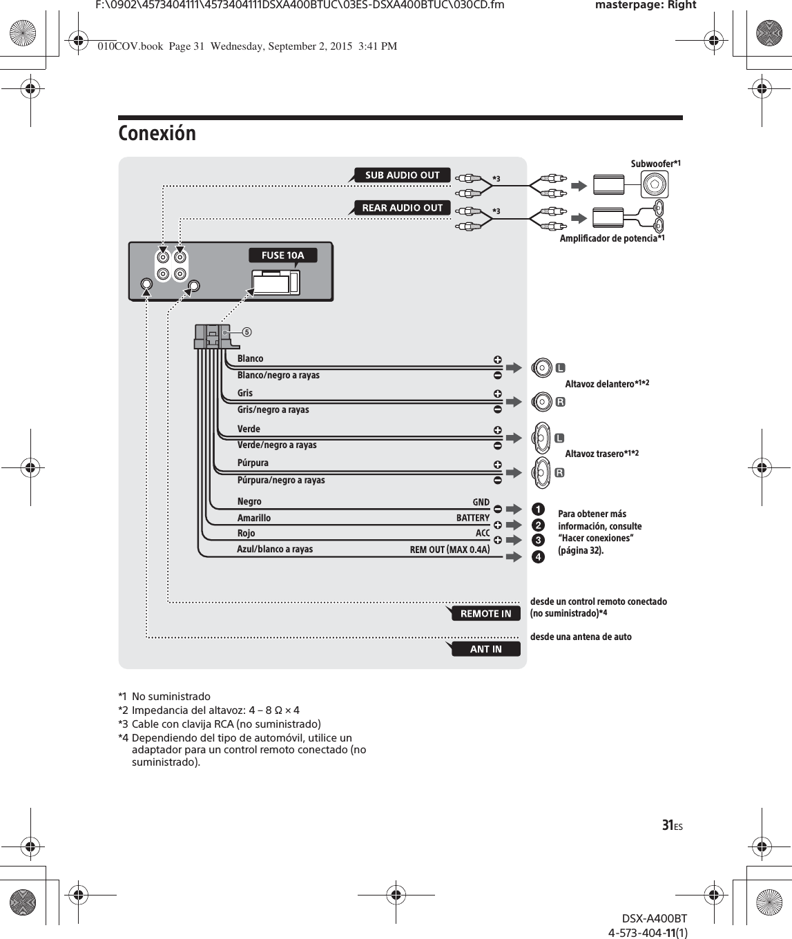 31ESF:\0902\4573404111\4573404111DSXA400BTUC\03ES-DSXA400BTUC\030CD.fm masterpage: RightDSX-A400BT4-573-404-11(1)Conexión*1 No suministrado*2 Impedancia del altavoz: 4 – 8 Ω × 4*3 Cable con clavija RCA (no suministrado)*4 Dependiendo del tipo de automóvil, utilice un adaptador para un control remoto conectado (no suministrado).ʗdesde un control remoto conectado (no suministrado)*4BlancoBlanco/negro a rayasGrisNegroAmarilloRojoAzul/blanco a rayasAltavoz delantero*1*2Altavoz trasero*1*2Gris/negro a rayasVerdeVerde/negro a rayasPúrpuraPúrpura/negro a rayas*3Amplificador de potencia*1Para obtener más información, consulte “Hacer conexiones” (página 32).desde una antena de auto*3Subwoofer*1010COV.book  Page 31  Wednesday, September 2, 2015  3:41 PM