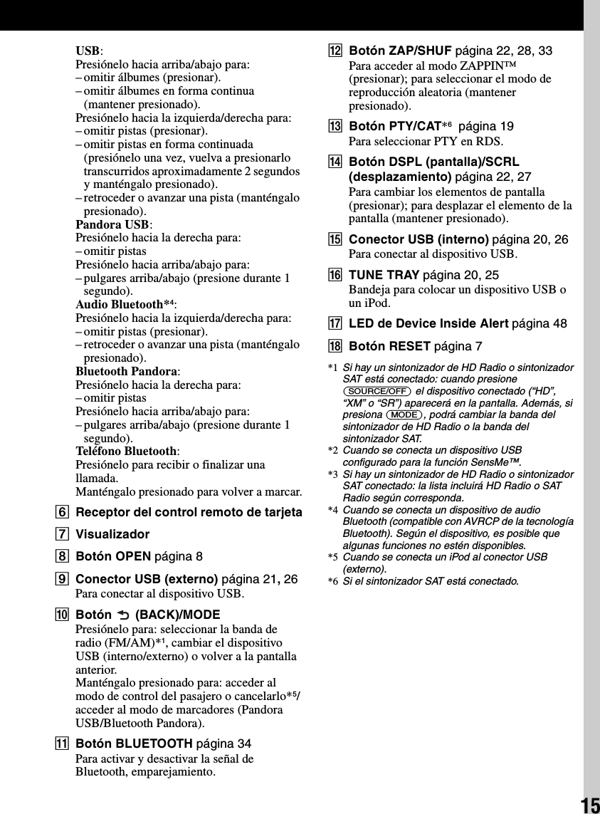 15USB:Presiónelo hacia arriba/abajo para:– omitir álbumes (presionar).– omitir álbumes en forma continua (mantener presionado).Presiónelo hacia la izquierda/derecha para:– omitir pistas (presionar).– omitir pistas en forma continuada (presiónelo una vez, vuelva a presionarlo transcurridos aproximadamente 2 segundos y manténgalo presionado).– retroceder o avanzar una pista (manténgalo presionado).Pandora USB:Presiónelo hacia la derecha para:– omitir pistasPresiónelo hacia arriba/abajo para:– pulgares arriba/abajo (presione durante 1 segundo).Audio Bluetooth*4:Presiónelo hacia la izquierda/derecha para:– omitir pistas (presionar).– retroceder o avanzar una pista (manténgalo presionado).Bluetooth Pandora:Presiónelo hacia la derecha para:– omitir pistasPresiónelo hacia arriba/abajo para:– pulgares arriba/abajo (presione durante 1 segundo).Teléfono Bluetooth:Presiónelo para recibir o finalizar una llamada.Manténgalo presionado para volver a marcar.FReceptor del control remoto de tarjetaGVisualizadorHBotón OPEN página 8IConector USB (externo) página 21, 26Para conectar al dispositivo USB.JBotón  (BACK)/MODEPresiónelo para: seleccionar la banda de radio (FM/AM)*1, cambiar el dispositivo USB (interno/externo) o volver a la pantalla anterior.Manténgalo presionado para: acceder al modo de control del pasajero o cancelarlo*5/acceder al modo de marcadores (Pandora USB/Bluetooth Pandora).KBotón BLUETOOTH página 34Para activar y desactivar la señal de Bluetooth, emparejamiento.LBotón ZAP/SHUF página 22, 28, 33Para acceder al modo ZAPPIN™ (presionar); para seleccionar el modo de reproducción aleatoria (mantener presionado).MBotón PTY/CAT*6  página 19Para seleccionar PTY en RDS.NBotón DSPL (pantalla)/SCRL (desplazamiento) página 22, 27Para cambiar los elementos de pantalla (presionar); para desplazar el elemento de la pantalla (mantener presionado).OConector USB (interno) página 20, 26Para conectar al dispositivo USB.PTUNE TRAY página 20, 25Bandeja para colocar un dispositivo USB o un iPod.QLED de Device Inside Alert página 48RBotón RESET página 7*1 Si hay un sintonizador de HD Radio o sintonizador SAT está conectado: cuando presione (SOURCE/OFF) el dispositivo conectado (“HD”, “XM” o “SR”) aparecerá en la pantalla. Además, si presiona (MODE), podrá cambiar la banda del sintonizador de HD Radio o la banda del sintonizador SAT.*2 Cuando se conecta un dispositivo USB configurado para la función SensMe™.*3 Si hay un sintonizador de HD Radio o sintonizador SAT conectado: la lista incluirá HD Radio o SAT Radio según corresponda.*4 Cuando se conecta un dispositivo de audio Bluetooth (compatible con AVRCP de la tecnología Bluetooth). Según el dispositivo, es posible que algunas funciones no estén disponibles.*5 Cuando se conecta un iPod al conector USB (externo).*6 Si el sintonizador SAT está conectado.