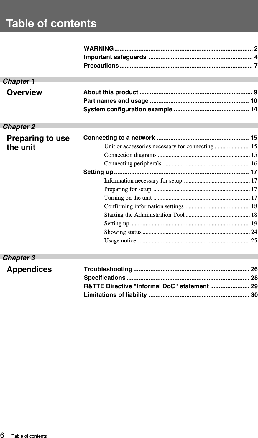 6Table of contentsConnecting to a network ...................................................... 15Unit or accessories necessary for connecting ....................... 15Connection diagrams ............................................................ 15Connecting peripherals ......................................................... 16Setting up ............................................................................... 17Information necessary for setup ........................................... 17Preparing for setup ............................................................... 17Turning on the unit ............................................................... 17Confirming information settings .......................................... 18Starting the Administration Tool .......................................... 18Setting up .............................................................................. 19Showing status ...................................................................... 24Usage notice ......................................................................... 25Chapter 3AppendicesAbout this product .................................................................. 9Part names and usage .......................................................... 10System configuration example ............................................ 14Chapter 2Preparing to usethe unitTable of contentsWARNING ................................................................................. 2Important safeguards ............................................................. 4Precautions.............................................................................. 7Troubleshooting .................................................................... 26Specifications ........................................................................ 28R&amp;TTE Directive &quot;Informal DoC&quot; statement ....................... 29Limitations of liability ........................................................... 30Chapter 1Overview