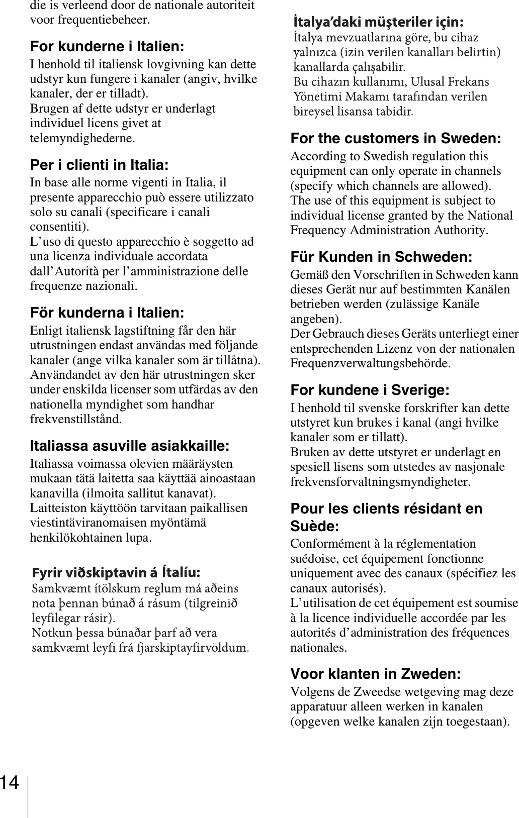 14die is verleend door de nationale autoriteit voor frequentiebeheer.For kunderne i Italien:I henhold til italiensk lovgivning kan dette udstyr kun fungere i kanaler (angiv, hvilke kanaler, der er tilladt).Brugen af dette udstyr er underlagt individuel licens givet at telemyndighederne.Per i clienti in Italia:In base alle norme vigenti in Italia, il presente apparecchio può essere utilizzato solo su canali (specificare i canali consentiti).L’uso di questo apparecchio è soggetto ad una licenza individuale accordata dall’Autorità per l’amministrazione delle frequenze nazionali.För kunderna i Italien:Enligt italiensk lagstiftning får den här utrustningen endast användas med följande kanaler (ange vilka kanaler som är tillåtna).Användandet av den här utrustningen sker under enskilda licenser som utfärdas av den nationella myndighet som handhar frekvenstillstånd.Italiassa asuville asiakkaille:Italiassa voimassa olevien määräysten mukaan tätä laitetta saa käyttää ainoastaan kanavilla (ilmoita sallitut kanavat).Laitteiston käyttöön tarvitaan paikallisen viestintäviranomaisen myöntämä henkilökohtainen lupa.For the customers in Sweden:According to Swedish regulation this equipment can only operate in channels (specify which channels are allowed).The use of this equipment is subject to individual license granted by the National Frequency Administration Authority.Für Kunden in Schweden:Gemäß den Vorschriften in Schweden kann dieses Gerät nur auf bestimmten Kanälen betrieben werden (zulässige Kanäle angeben).Der Gebrauch dieses Geräts unterliegt einer entsprechenden Lizenz von der nationalen Frequenzverwaltungsbehörde.For kundene i Sverige:I henhold til svenske forskrifter kan dette utstyret kun brukes i kanal (angi hvilke kanaler som er tillatt).Bruken av dette utstyret er underlagt en spesiell lisens som utstedes av nasjonale frekvensforvaltningsmyndigheter.Pour les clients résidant en Suède:Conformément à la réglementation suédoise, cet équipement fonctionne uniquement avec des canaux (spécifiez les canaux autorisés).L’utilisation de cet équipement est soumise à la licence individuelle accordée par les autorités d’administration des fréquences nationales.Voor klanten in Zweden:Volgens de Zweedse wetgeving mag deze apparatuur alleen werken in kanalen (opgeven welke kanalen zijn toegestaan).