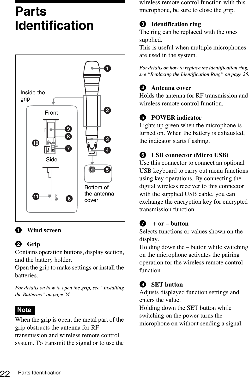 22 Parts IdentificationPartsIdentificationaWind screenbGripContains operation buttons, display section, and the battery holder.Open the grip to make settings or install the batteries.For details on how to open the grip, see “Installing the Batteries” on page 24.When the grip is open, the metal part of the grip obstructs the antenna for RF transmission and wireless remote control system. To transmit the signal or to use the wireless remote control function with this microphone, be sure to close the grip.cIdentification ringThe ring can be replaced with the ones supplied.This is useful when multiple microphones are used in the system.For details on how to replace the identification ring, see “Replacing the Identification Ring” on page 25.dAntenna coverHolds the antenna for RF transmission and wireless remote control function.ePOWER indicatorLights up green when the microphone is turned on. When the battery is exhausted, the indicator starts flashing.fUSB connector (Micro USB)Use this connector to connect an optional USB keyboard to carry out menu functions using key operations. By connecting the digital wireless receiver to this connector with the supplied USB cable, you can exchange the encryption key for encrypted transmission function.g + or – buttonSelects functions or values shown on the display.Holding down the – button while switching on the microphone activates the pairing operation for the wireless remote control function.hSET buttonAdjusts displayed function settings and enters the value.Holding down the SET button while switching on the power turns the microphone on without sending a signal.NoteInside the gripFrontSideBottom of the antenna cover