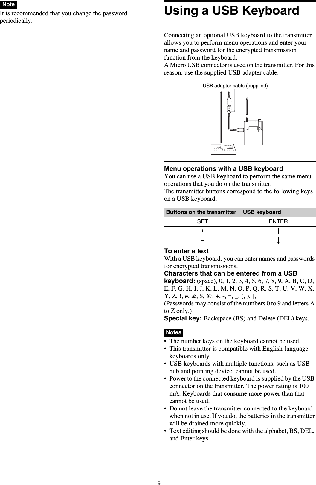 9 It is recommended that you change the password periodically.Using a USB KeyboardConnecting an optional USB keyboard to the transmitter allows you to perform menu operations and enter your name and password for the encrypted transmission function from the keyboard.A Micro USB connector is used on the transmitter. For this reason, use the supplied USB adapter cable.Menu operations with a USB keyboardYou can use a USB keyboard to perform the same menu operations that you do on the transmitter.The transmitter buttons correspond to the following keys on a USB keyboard:To enter a textWith a USB keyboard, you can enter names and passwords for encrypted transmissions.Characters that can be entered from a USB keyboard: (space), 0, 1, 2, 3, 4, 5, 6, 7, 8, 9, A, B, C, D, E, F, G, H, I, J, K, L, M, N, O, P, Q, R, S, T, U, V, W, X, Y, Z, !, #, &amp;, $, @, +, -, =, _, (, ), [, ](Passwords may consist of the numbers 0 to 9 and letters A to Z only.)Special key: Backspace (BS) and Delete (DEL) keys.  • The number keys on the keyboard cannot be used.• This transmitter is compatible with English-language keyboards only.• USB keyboards with multiple functions, such as USB hub and pointing device, cannot be used.• Power to the connected keyboard is supplied by the USB connector on the transmitter. The power rating is 100 mA. Keyboards that consume more power than that cannot be used.• Do not leave the transmitter connected to the keyboard when not in use. If you do, the batteries in the transmitter will be drained more quickly.• Text editing should be done with the alphabet, BS, DEL, and Enter keys.NoteButtons on the transmitter USB keyboardSET ENTER+R–rNotesUSB adapter cable (supplied)