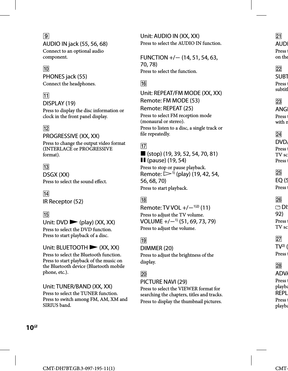 CMT-DH7BT.GB.3-097-195-11(1)10GBCMT-AUDIO IN jack (55, 56, 68)Connect to an optional audio component.PHONES jack (55)Connect the headphones.DISPLAY (19)Press to display the disc information or clock in the front panel display.PROGRESSIVE (XX, XX)Press to change the output video format (INTERLACE or PROGRESSIVE format).DSGX (XX)Press to select the sound e ect.IR Receptor (52)Unit: DVD  (play) (XX, XX)Press to select the DVD function.Press to start playback of a disc.Unit: BLUETOOTH  (XX, XX)Press to select the Bluetooth function.Press to start playback of the music on the Bluetooth device (Bluetooth mobile phone, etc.).Unit: TUNER/BAND (XX, XX)Press to select the TUNER function.Press to switch among FM, AM, XM and SIRIUS band.Unit: AUDIO IN (XX, XX)Press to select the AUDIO IN function.FUNCTION +/ (14, 51, 54, 63, 70, 78)Press to select the function.Unit: REPEAT/FM MODE (XX, XX)Remote: FM MODE (53)Remote: REPEAT (25)Press to select FM reception mode (monaural or stereo).Press to listen to a disc, a single track or  le repeatedly. (stop) (19, 39, 52, 54, 70, 81) (pause) (19, 54)Press to stop or pause playback.Remote: 1) (play) (19, 42, 54, 56, 68, 70)Press to start playback.Remote: TV VOL +/1)2) (11)Press to adjust the TV volume.VOLUME +/1) (51, 69, 73, 79)Press to adjust the volume.DIMMER (20)Press to adjust the brightness of the display.PICTURE NAVI (29)Press to select the VIEWER format for searching the chapters, titles and tracks.Press to display the thumbnail pictures.AUDIPress ton theSUBTPress tsubtitlANGLPress twith mDVD/Press tTV scrPress tEQ (5Press t DIS92)Press tTV scrTV2) (Press tADVAPress tplaybaREPLPress tplayba