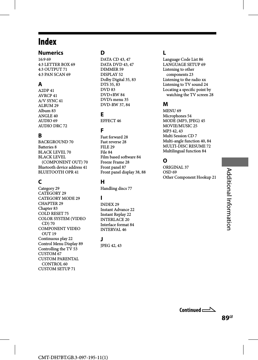 CMT-DH7BT.GB.3-097-195-11(1)Additional Information89GBIndexNumerics16:9 694:3 LETTER BOX 694:3 OUTPUT 714:3 PAN SCAN 69AA2DP 41AVRCP 41A/V SYNC 41ALBUM 29Album 83ANGLE 40AUDIO 69AUDIO DRC 72BBACKGROUND 70Batteries 8BLACK LEVEL 70BLACK LEVEL (COMPONENT OUT) 70Bluetooth device address 41BLUETOOTH OPR 41CCategory 29CATEGORY 29CATEGORY MODE 29CHAPTER 29Chapter 83COLD RESET 75COLOR SYSTEM (VIDEO CD) 70COMPONENT VIDEO OUT 19Continuous play 22Control Menu Display 89Controlling the TV 53CUSTOM 67CUSTOM PARENTAL CONTROL 60CUSTOM SETUP 71DDATA CD 43, 47DATA DVD 43, 47DIMMER 59DISPLAY 52Dolby Digital 35, 83DTS 35, 83DVD 83DVD+RW 84DVD’s menu 35DVD-RW 37, 84EEFFECT 46FFast forward 28Fast reverse 28FILE 29File 84Film based so ware 84Freeze Frame 28Front panel 87Front panel display 38, 88HHandling discs 77IINDEX 29Instant Advance 22Instant Replay 22INTERLACE 20Interlace format 84INTERVAL 46JJPEG 42, 43LLanguage Code List 86LANGUAGE SETUP 69Listening to other components 23Listening to the radio xxListening to TV sound 24Locating a speci c point by watching the TV screen 28MMENU 69Microphones 54MODE (MP3, JPEG) 45MOVIE/MUSIC 25MP3 42, 43Multi Session CD 7Multi-angle function 40, 84MULTI-DISC RESUME 72Multilingual function 84OORIGINAL 37OSD 69Other Component Hookup 21Continued 