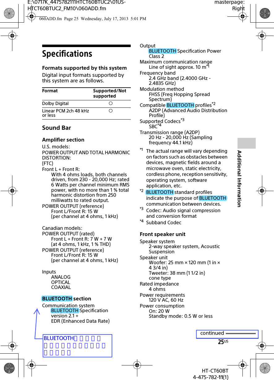25USHT-CT60BT4-475-782-11(1)E:\0717K_4475782111HTCT60BTUC2\01US-HTCT60BTUC2_FM10\060ADD.fmmasterpage:RightAdditional InformationSpecificationsFormats supported by this systemDigital input formats supported by this system are as follows.Sound BarAmplifier sectionU.S. models:POWER OUTPUT AND TOTAL HARMONIC DISTORTION:(FTC)Front L + Front R:With 4 ohms loads, both channels driven, from 230 - 20,000 Hz; rated 6 Watts per channel minimum RMS power, with no more than 1 % total harmonic distortion from 250 milliwatts to rated output.POWER OUTPUT (reference)Front L/Front R: 15 W (per channel at 4 ohms, 1 kHz)Canadian models:POWER OUTPUT (rated)Front L + Front R: 7 W + 7 W (at 4 ohms, 1 kHz, 1 % THD)POWER OUTPUT (reference)Front L/Front R: 15 W (per channel at 4 ohms, 1 kHz)InputsANALOGOPTICALCOAXIALBLUETOOTH sectionCommunication systemBLUETOOTH Specification version 2.1 +EDR (Enhanced Data Rate)OutputBLUETOOTH Specification Power Class 2Maximum communication rangeLine of sight approx. 10 m*1Frequency band2.4 GHz band (2.4000 GHz - 2.4835 GHz)Modulation methodFHSS (Freq Hopping Spread Spectrum)Compatible BLUETOOTH profiles*2A2DP (Advanced Audio Distribution Profile)Supported Codecs*3SBC*4Transmission range (A2DP)20 Hz - 20,000 Hz (Sampling frequency 44.1 kHz)*1 The actual range will vary depending on factors such as obstacles between devices, magnetic fields around a microwave oven, static electricity, cordless phone, reception sensitivity, operating system, software application, etc.*2 BLUETOOTH standard profiles indicate the purpose of BLUETOOTH communication between devices.*3 Codec: Audio signal compression and conversion format*4 Subband CodecFront speaker unitSpeaker system2-way speaker system, Acoustic SuspensionSpeaker unitWoofer: 25 mm × 120 mm (1 in × 4 3/4 in)Tweeter: 38 mm (1 1/2 in) cone typeRated impedance4ohmsPower requirements120 V AC, 60 HzPower consumptionOn: 20 WStandby mode: 0.5 W or lessFormat Supported/Not supportedDolby Digital Linear PCM 2ch 48 kHz or less continued060ADD.fm  Page 25  Wednesday, July 17, 2013  5:01 PMBLUETOOTH（水色マーカー部）を大文字に修正しました。