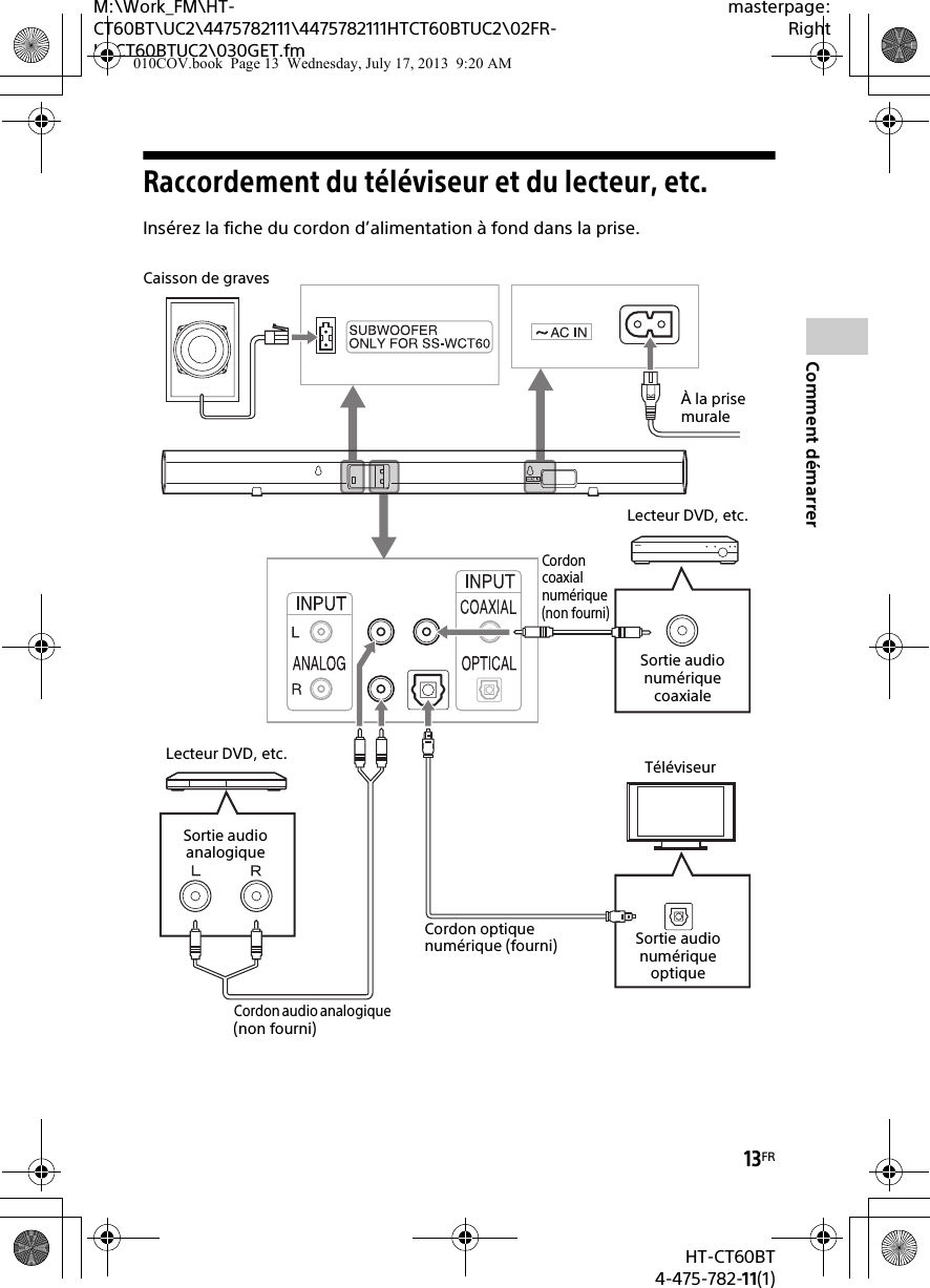 13FRHT-CT60BT4-475-782-11(1)M:\Work_FM\HT-CT60BT\UC2\4475782111\4475782111HTCT60BTUC2\02FR-HTCT60BTUC2\030GET.fmmasterpage:RightComment démarrerRaccordement du téléviseur et du lecteur, etc.Insérez la fiche du cordon d’alimentation à fond dans la prise.TéléviseurCordon coaxial numérique(non fourni)Lecteur DVD, etc.Sortie audio numérique coaxialeSortie audio numérique optiqueCordon audio analogique (non fourni)Cordon optique numérique (fourni)Sortie audio analogiqueCaisson de gravesLecteur DVD, etc.À la prise murale010COV.book  Page 13  Wednesday, July 17, 2013  9:20 AM