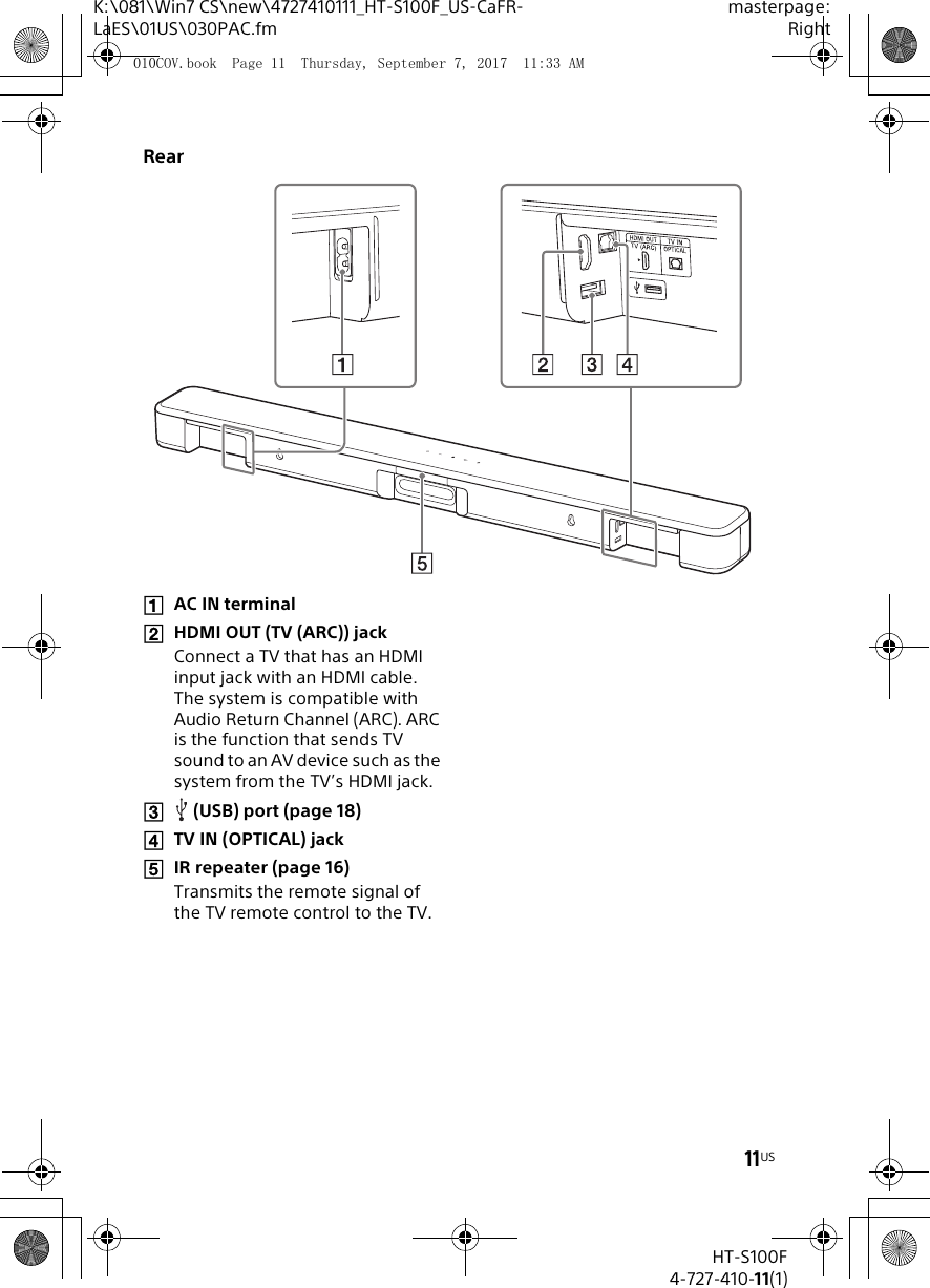 11USK:\081\Win7 CS\new\4727410111_HT-S100F_US-CaFR-LaES\01US\030PAC.fmmasterpage:RightHT-S100F4-727-410-11(1)RearAC IN terminalHDMI OUT (TV (ARC)) jackConnect a TV that has an HDMI input jack with an HDMI cable.The system is compatible with Audio Return Channel (ARC). ARC is the function that sends TV sound to an AV device such as the system from the TV’s HDMI jack.(USB) port (page 18)TV IN (OPTICAL) jackIR repeater (page 16)Transmits the remote signal of the TV remote control to the TV.010COV.book  Page 11  Thursday, September 7, 2017  11:33 AM