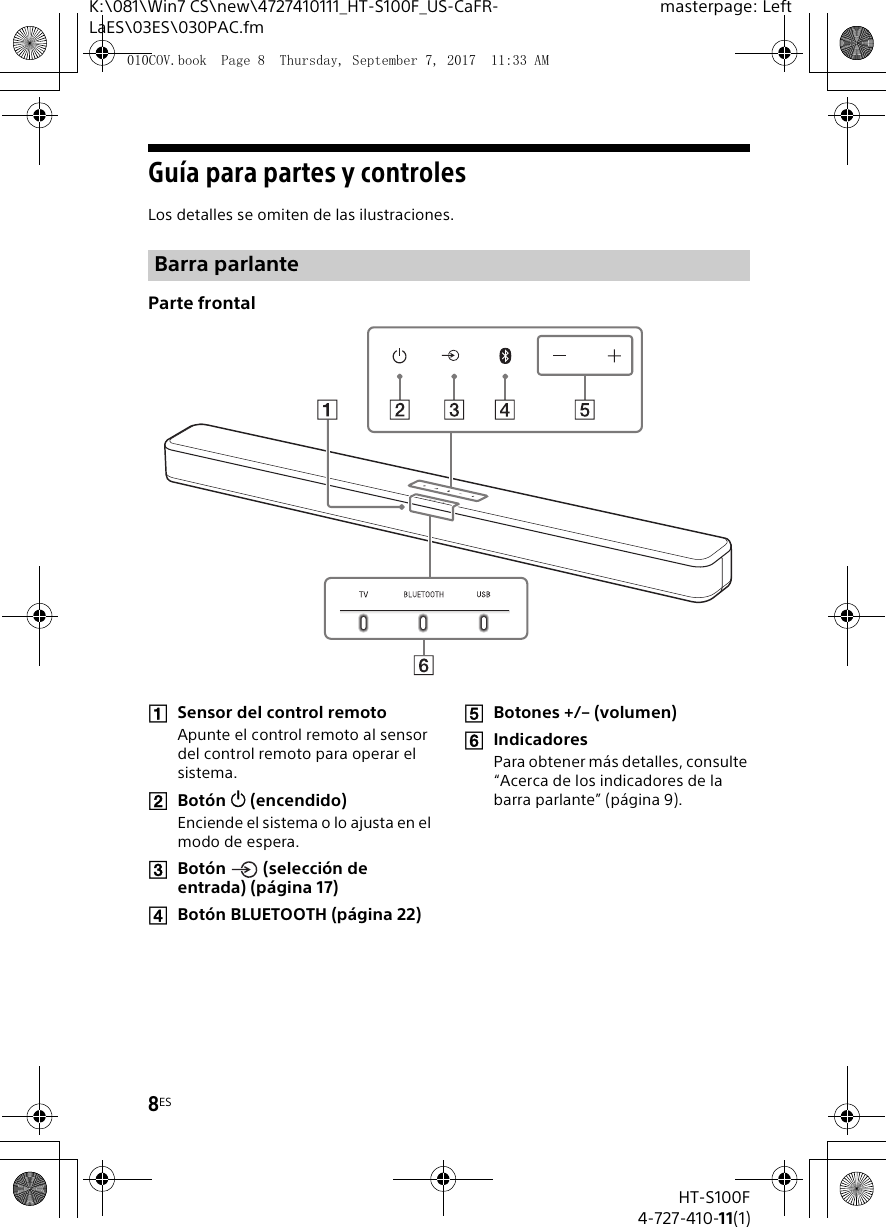 8ESHT-S100F4-727-410-11(1)K:\081\Win7 CS\new\4727410111_HT-S100F_US-CaFR-LaES\03ES\030PAC.fmmasterpage: LeftGuía para partes y controlesLos detalles se omiten de las ilustraciones.Parte frontalSensor del control remotoApunte el control remoto al sensor del control remoto para operar el sistema.Botón  (encendido)Enciende el sistema o lo ajusta en el modo de espera.Botón   (selección de entrada) (página 17)Botón BLUETOOTH (página 22)Botones +/– (volumen)IndicadoresPara obtener más detalles, consulte “Acerca de los indicadores de la barra parlante” (página 9).Barra parlante010COV.book  Page 8  Thursday, September 7, 2017  11:33 AM