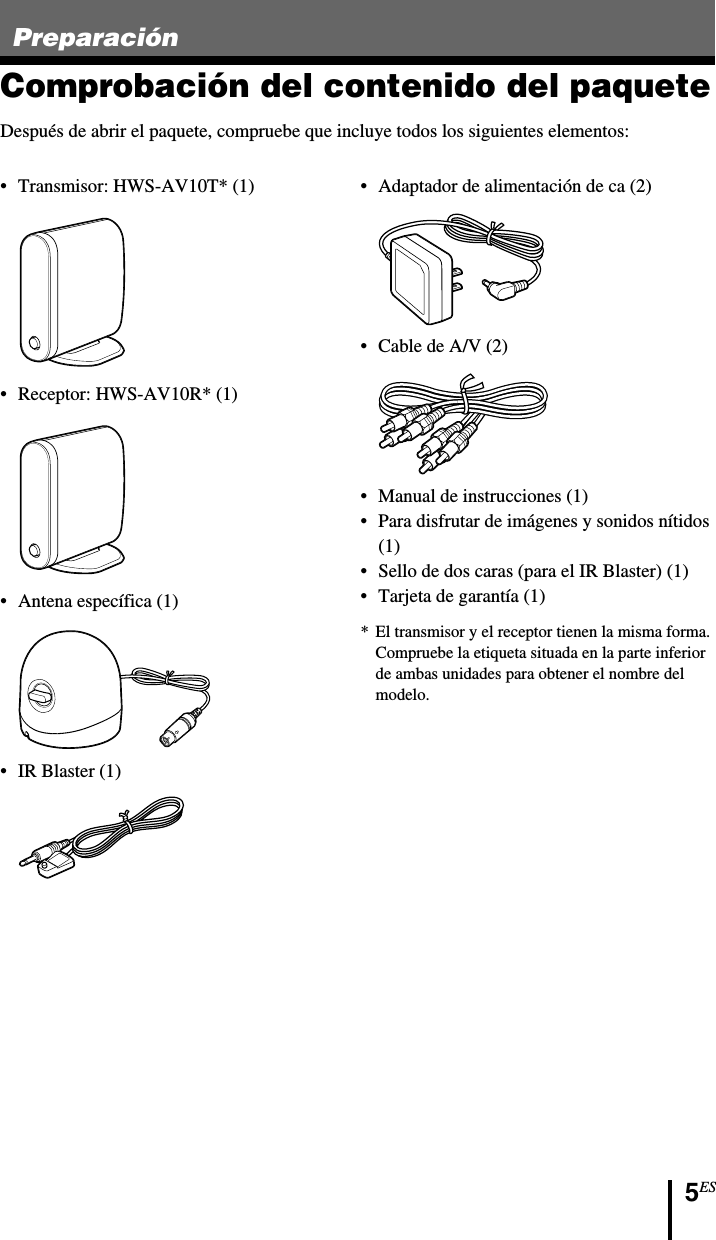 5ESPreparaciónComprobación del contenido del paqueteDespués de abrir el paquete, compruebe que incluye todos los siguientes elementos:•Transmisor: HWS-AV10T* (1)•Receptor: HWS-AV10R* (1)•Antena específica (1)•IR Blaster (1)•Adaptador de alimentación de ca (2)•Cable de A/V (2)•Manual de instrucciones (1)• Para disfrutar de imágenes y sonidos nítidos(1)•Sello de dos caras (para el IR Blaster) (1)•Tarjeta de garantía (1)* El transmisor y el receptor tienen la misma forma.Compruebe la etiqueta situada en la parte inferiorde ambas unidades para obtener el nombre delmodelo.